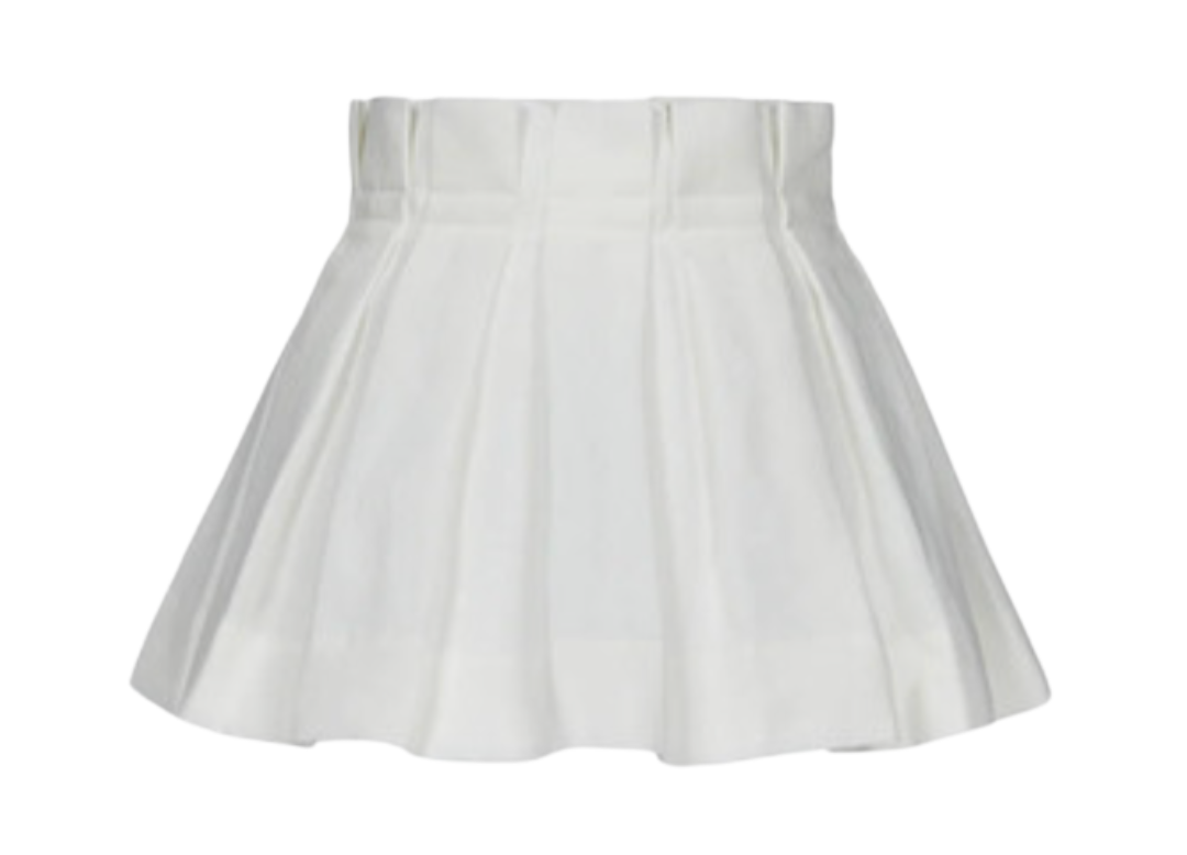 A crisp white linen lampshade with structured pleats and a flared silhouette, giving off a tailored, coastal look perfect for a summer lamp refresh.