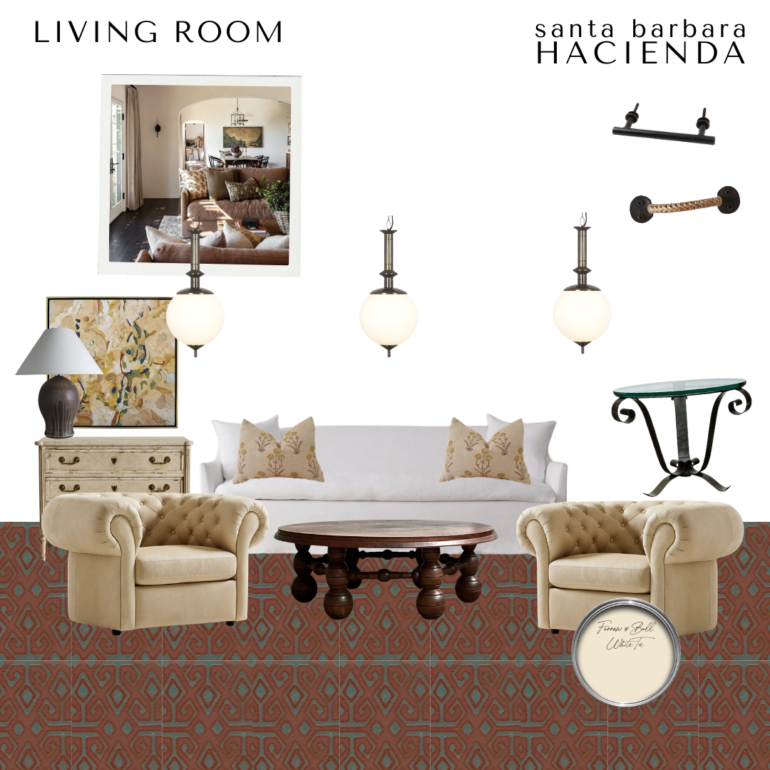 Santa Barbara Hacienda living room mood board showing a cozy yet elegant space with warm-toned chesterfield chairs, a classic white slipcovered sofa, globe pendant lighting, vintage-inspired accessories, a round wood coffee table, and a patterned terracotta tile floor.