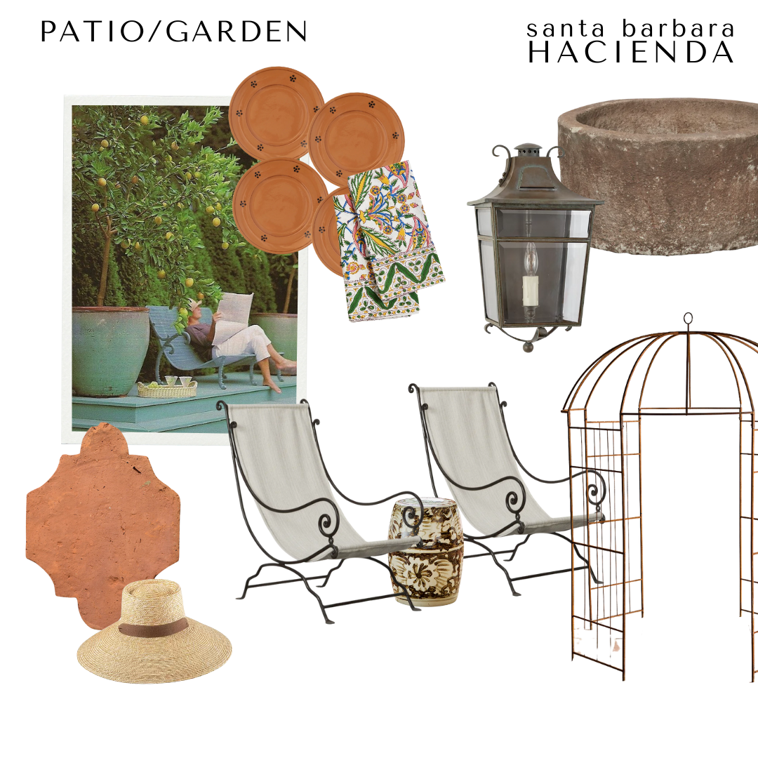 Hacienda-style patio and garden inspiration board with iron lounge chairs, terracotta plates and pavers, colorful floral textiles, a lantern wall sconce, rustic garden elements like a stone basin and metal arbor, and a wide-brim straw sun hat for lounging.