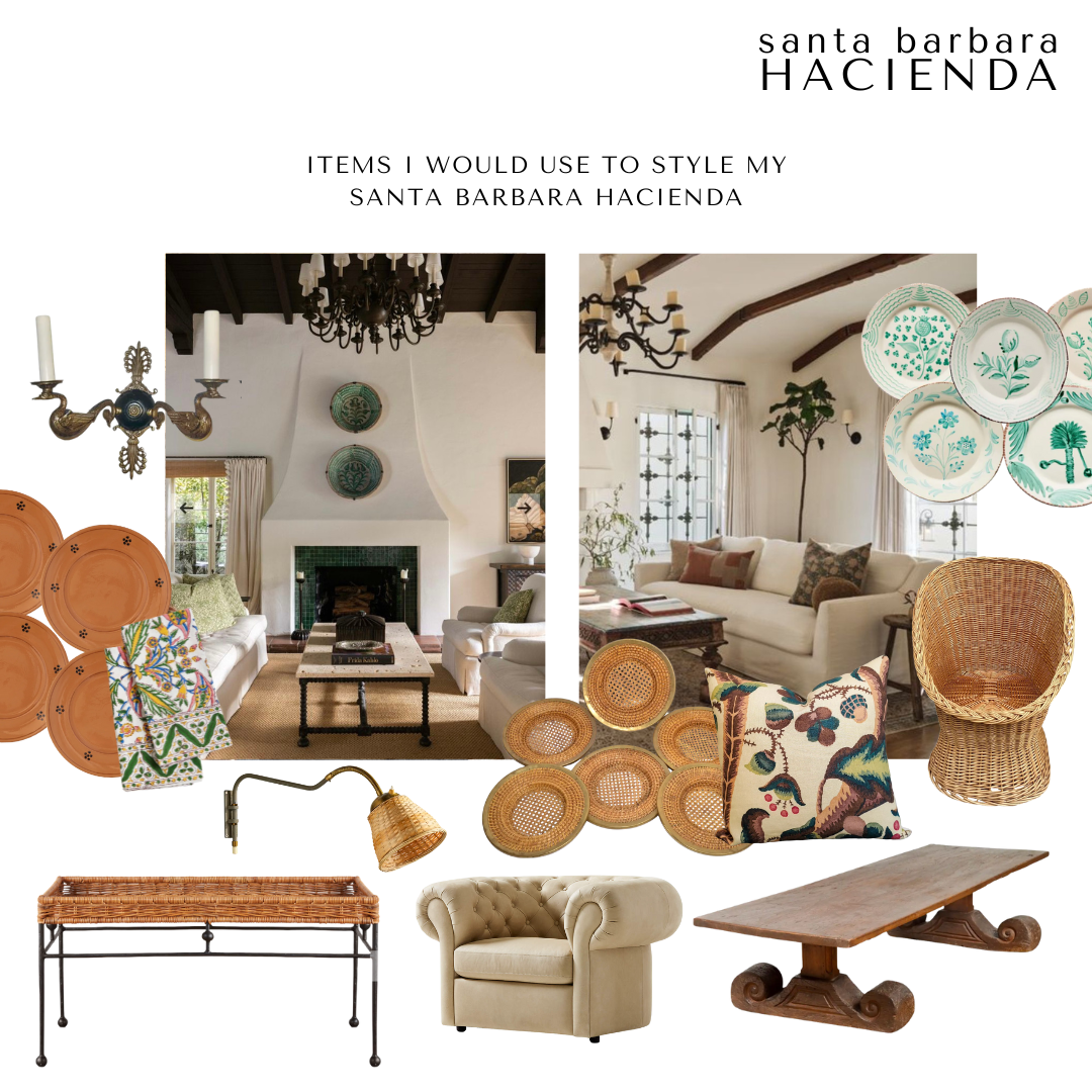 Curated Santa Barbara Hacienda-style mood board combining inspiration images of interiors with layered pillows, terracotta dishes, woven accents, vintage sconce lighting, and rustic furniture pieces like a scrolled wood coffee table and a tufted armchair.
