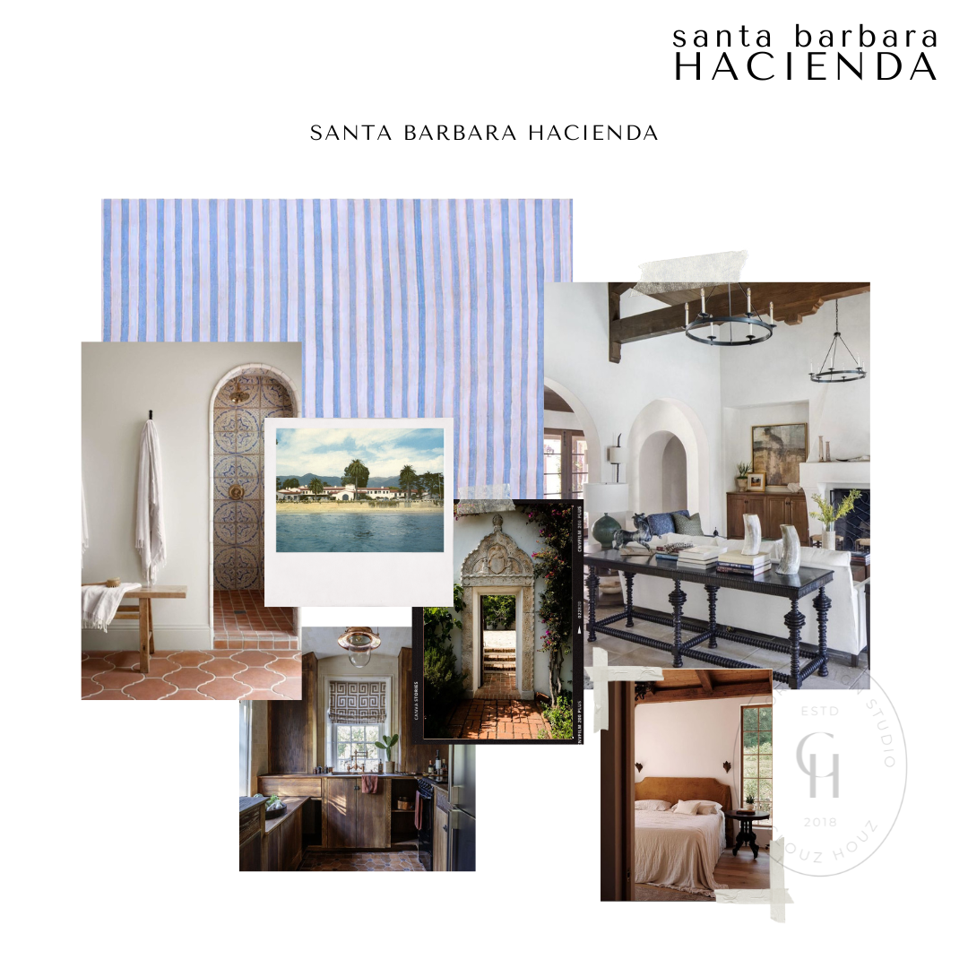 Santa Barbara Hacienda mood board showing architecture and lifestyle inspiration, including Spanish tilework, wood cabinetry, iron lighting, whitewashed archways, rustic kitchens, terracotta floors, and natural blue-striped fabric as a color cue.