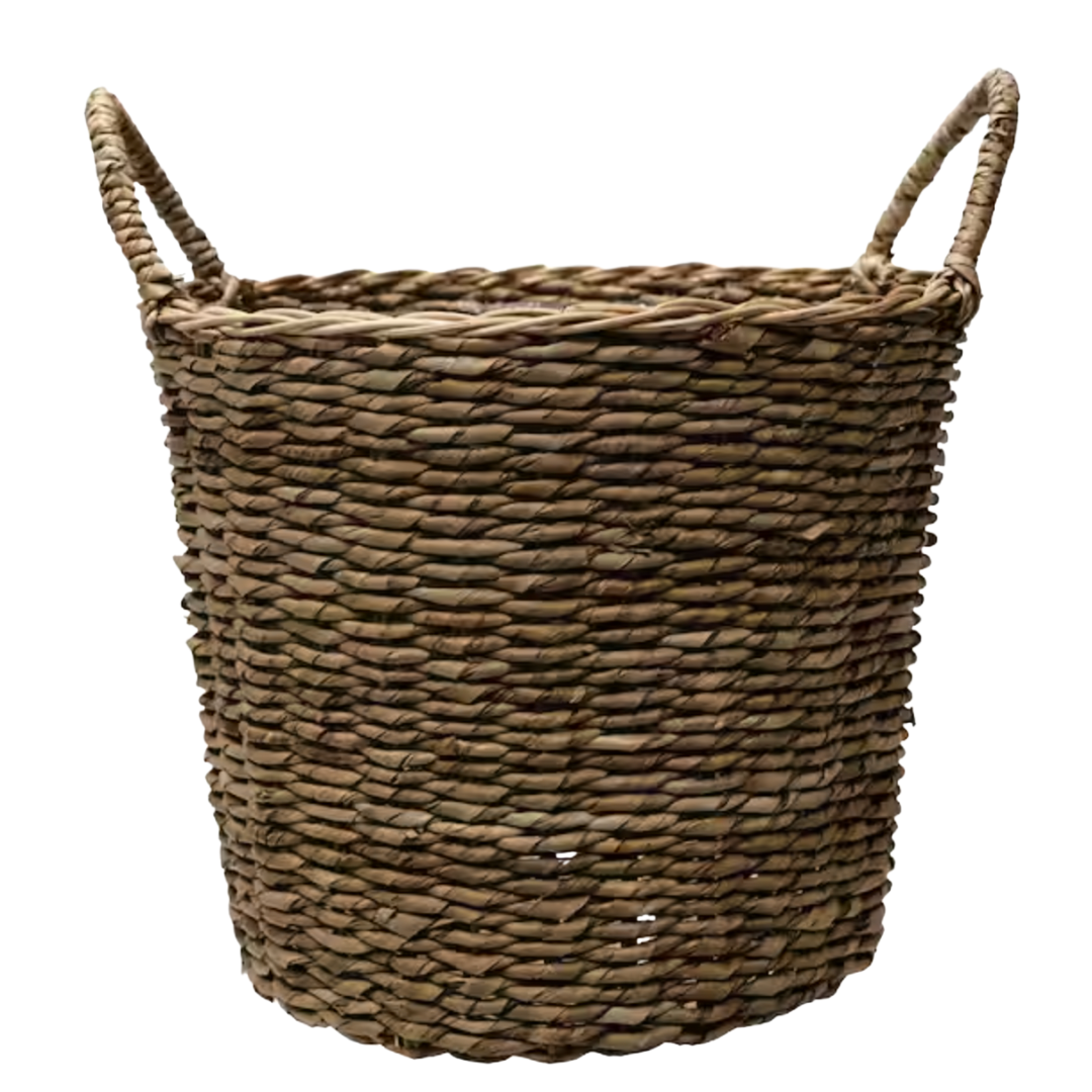 Handwoven seagrass basket with tall rounded shape and sturdy loop handles.