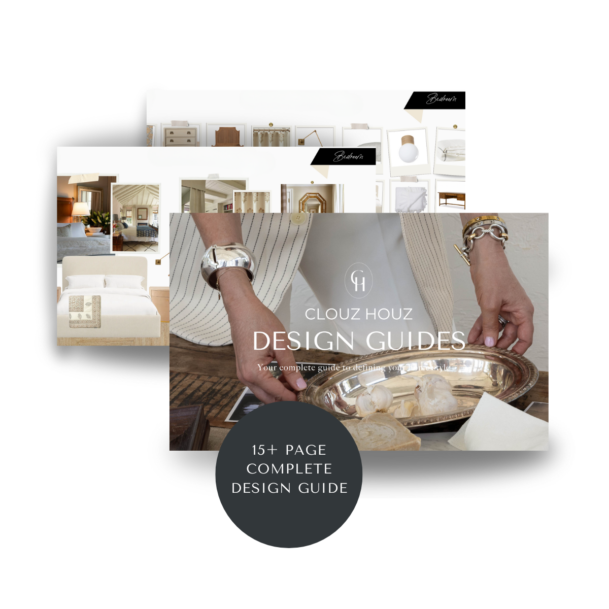 Mockup of the Clouz Houz Design Guides featuring layered pages with interior moodboards and curated furniture selections. The front cover shows a close-up of a person styling a silver tray with bread and garlic, with bold text reading “15+ Page Complete Design Guide.”