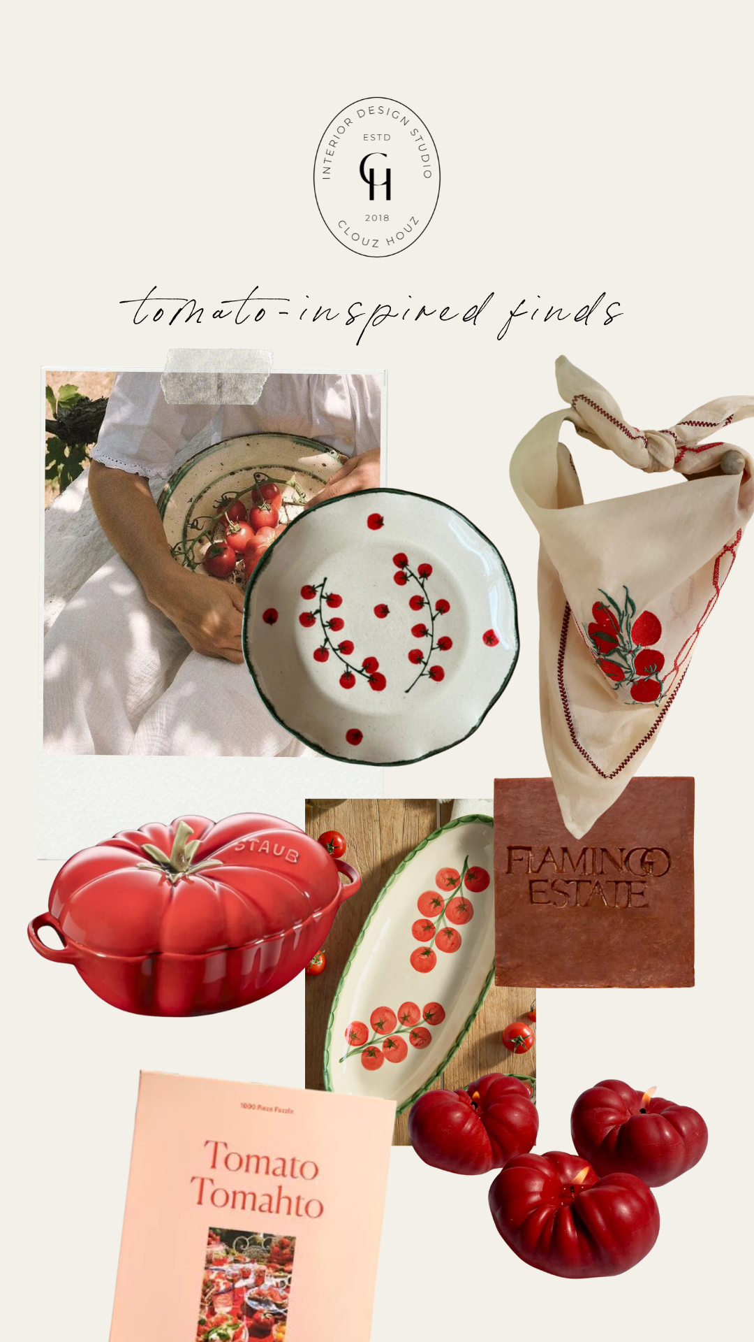 A collage of tomato-themed items including a ceramic tomato casserole dish, a tomato-printed plate and platter, a tomato-embroidered bandana, tomato-shaped candles, a vintage-inspired puzzle titled "Tomato Tomahto", a bar of Flamingo Estate soap, and clear bud vases, all styled with a nostalgic, garden-party feel.