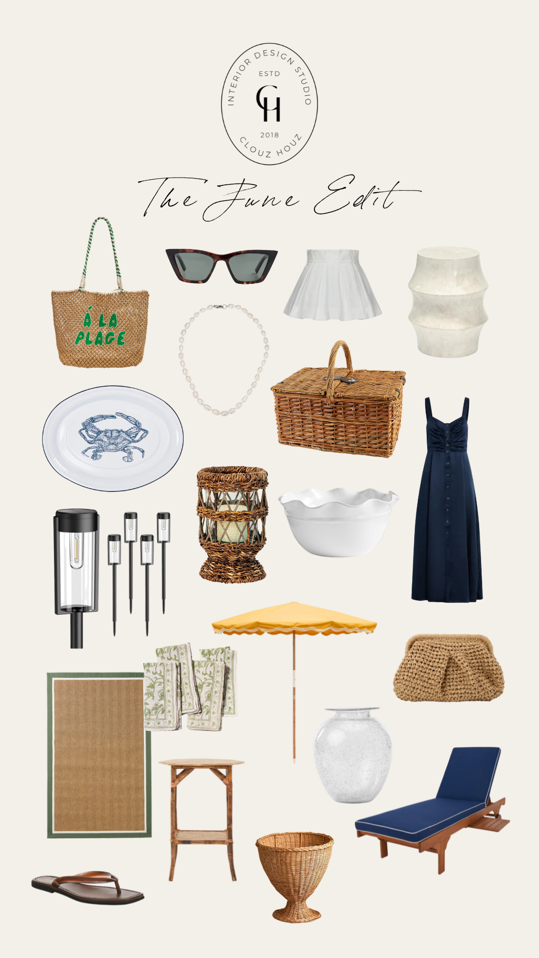 A curated flat lay of summer-inspired home and lifestyle products titled “The June Edit” from Clouz Houz Interior Design Studio. Includes a straw beach tote, tortoise cat-eye sunglasses, a pearl necklace, a pleated white lampshade, a crab tray, rattan picnic basket, white scalloped bowl, navy sundress, solar pathway lights, yellow scalloped-edge umbrella, green block print napkins, straw clutch, seeded glass vase, rattan urn, navy outdoor chaise lounge, bamboo side table, brown jelly flip flops, and a green-bordered woven rug—all styled on a neutral background.