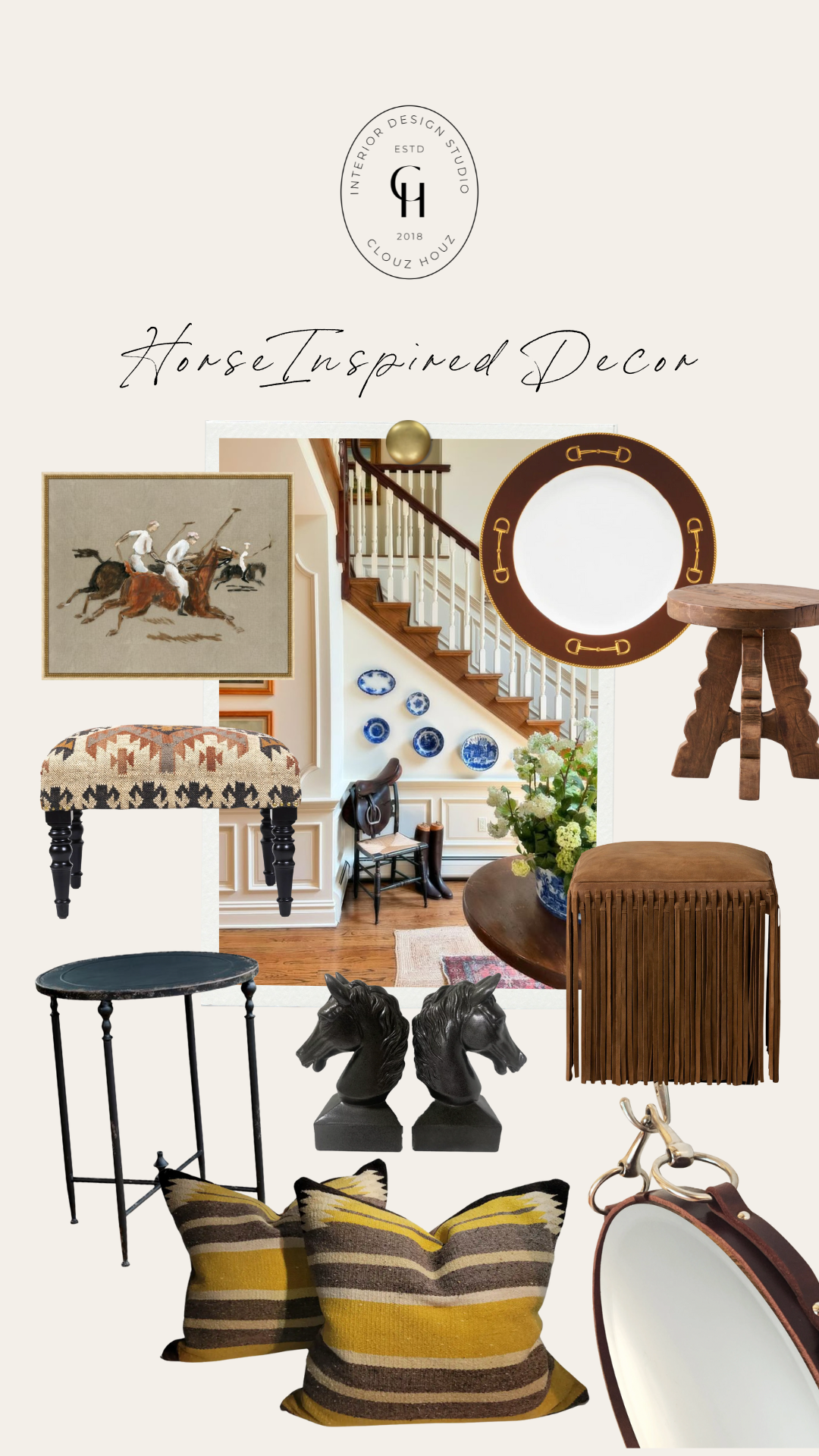 A curated collage of horse-inspired home decor featuring equestrian motifs, Western-style pillows, fringe ottomans, horse head bookends, rustic wood furniture, saddle leather-trimmed dinnerware, and a central image of a traditional entryway styled with blue and white plates, fresh flowers, and a saddle display.