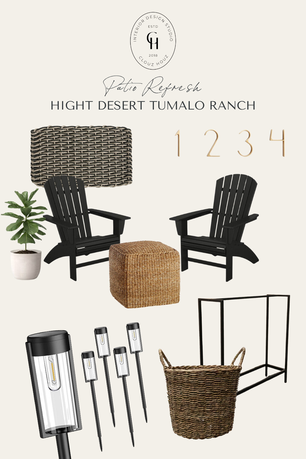 A curated mood board titled “Patio Refresh – High Desert Tumalo Ranch” featuring outdoor essentials in a modern rustic style. Items include a woven doormat, matte black Adirondack chairs flanking a rattan drum side table, modern brass house numbers, a white planter with a fiddle leaf fig, a sleek black firewood rack, a seagrass basket, and a set of black staked solar pathway lights. The collection evokes a welcoming and functional front patio look with natural textures and timeless design elements.