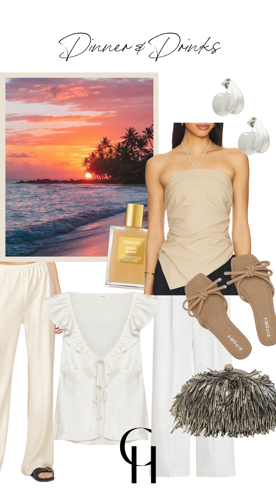 Two warm-weather outfit collages featuring neutral tops and cream trousers, styled with playful bags, statement earrings, and heeled or flat sandals. Includes tropical flat lays and lifestyle photos for vacation inspiration.