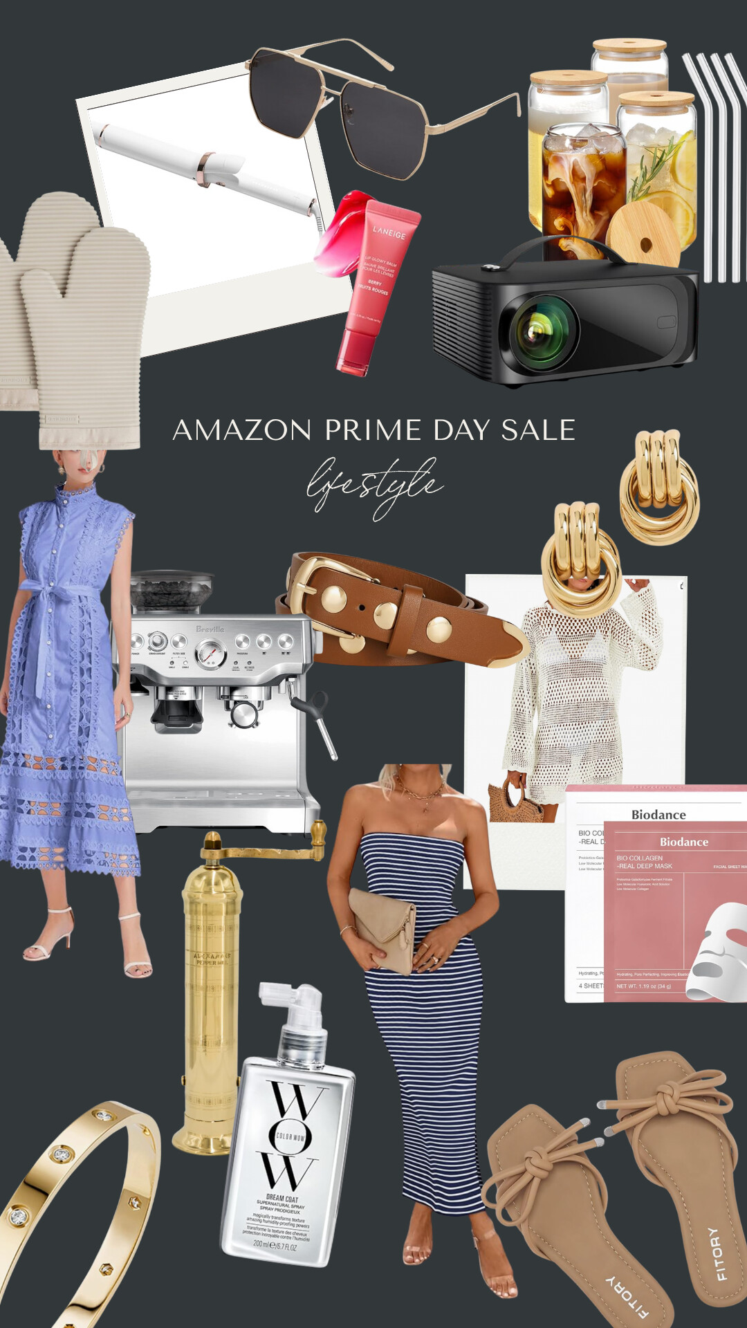 Amazon Prime Day lifestyle collage featuring a blue eyelet midi dress, neutral oven mitts, matte gold aviator sunglasses, a white curling iron, glass drinkware with bamboo lids and glass straws, a black mini projector, Laneige lip balm, a Breville espresso machine, a brown belt with gold hardware, gold triple hoop earrings, a white crochet beach cover-up, a striped navy strapless midi dress, Biodance sheet mask, Color Wow Dream Coat spray, a gold pepper mill, Fitory nude bow sandals, and a gold bangle bracelet with crystal accents.