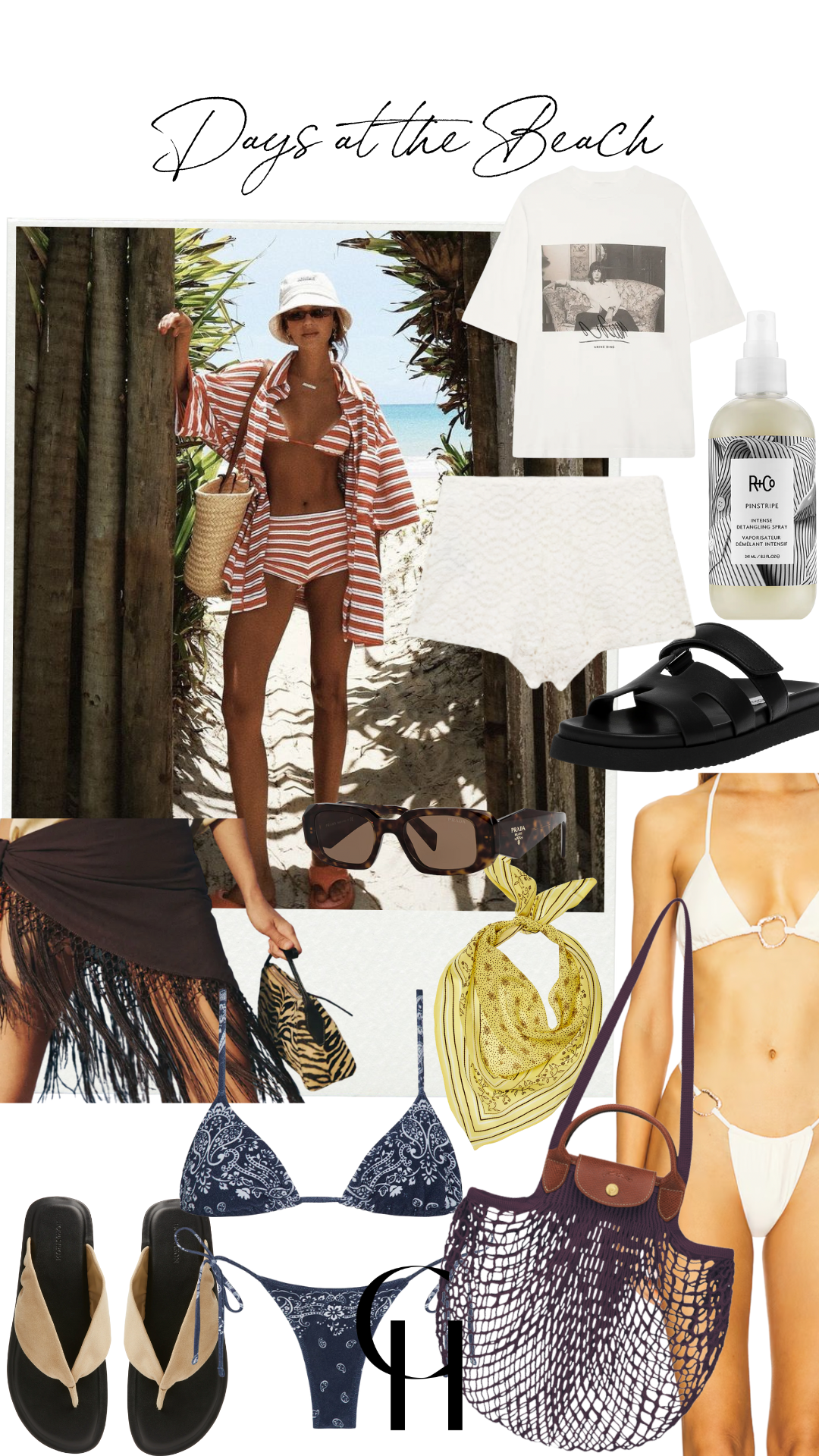 Two beach day outfit collages featuring bikinis, sun hats, graphic tees, and beach totes. Styled with sunglasses, sandals, and accessories like gold necklaces and hair mist, paired with lifestyle photos of tropical vacations.