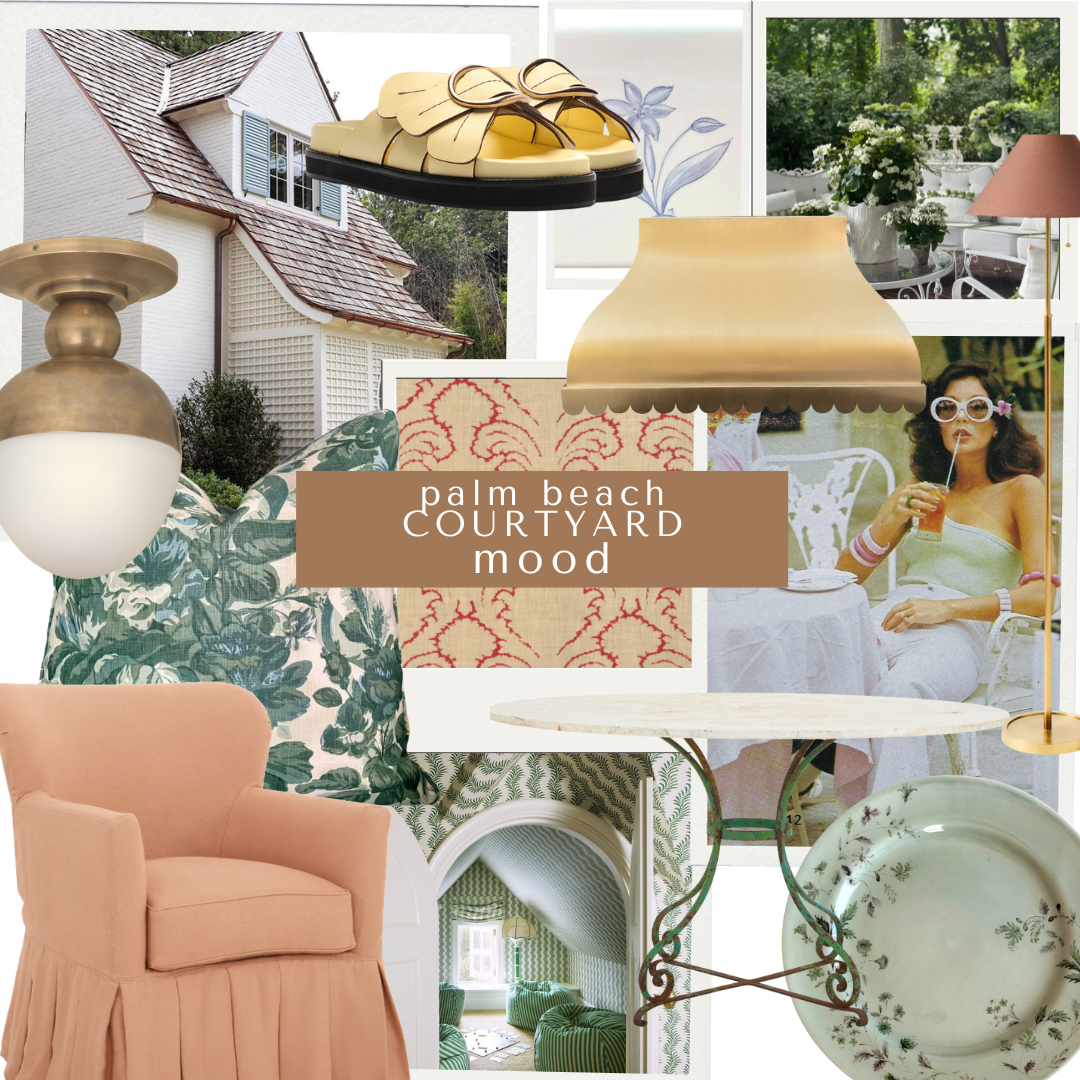 A mood board featuring warm, coastal-inspired pieces including floral green pillows, a peach linen armchair, brass and marble lighting, vintage outdoor patio scenes, and scalloped-edge slippers. The overall vibe is elegant, nostalgic, and playful—highlighting greenery, rattan, and layered textiles.