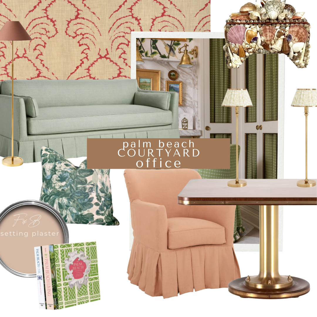 A design board for a charming office space featuring a sage green tailored settee, peach slipcovered desk chair, shell chandelier, green check built-ins, and Farrow & Ball Setting Plaster wall paint. Accents include pleated desk lamps, Palm Beach-inspired books, and green floral pillows.