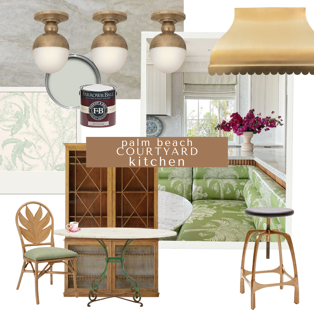 A collage highlighting a cozy kitchen dining nook with a green botanical banquette, vintage-style marble bistro table, palm-back chairs, and warm brass flush-mount ceiling lights. A can of Farrow & Ball French Gray and layered green wallpaper complete the light and airy look.