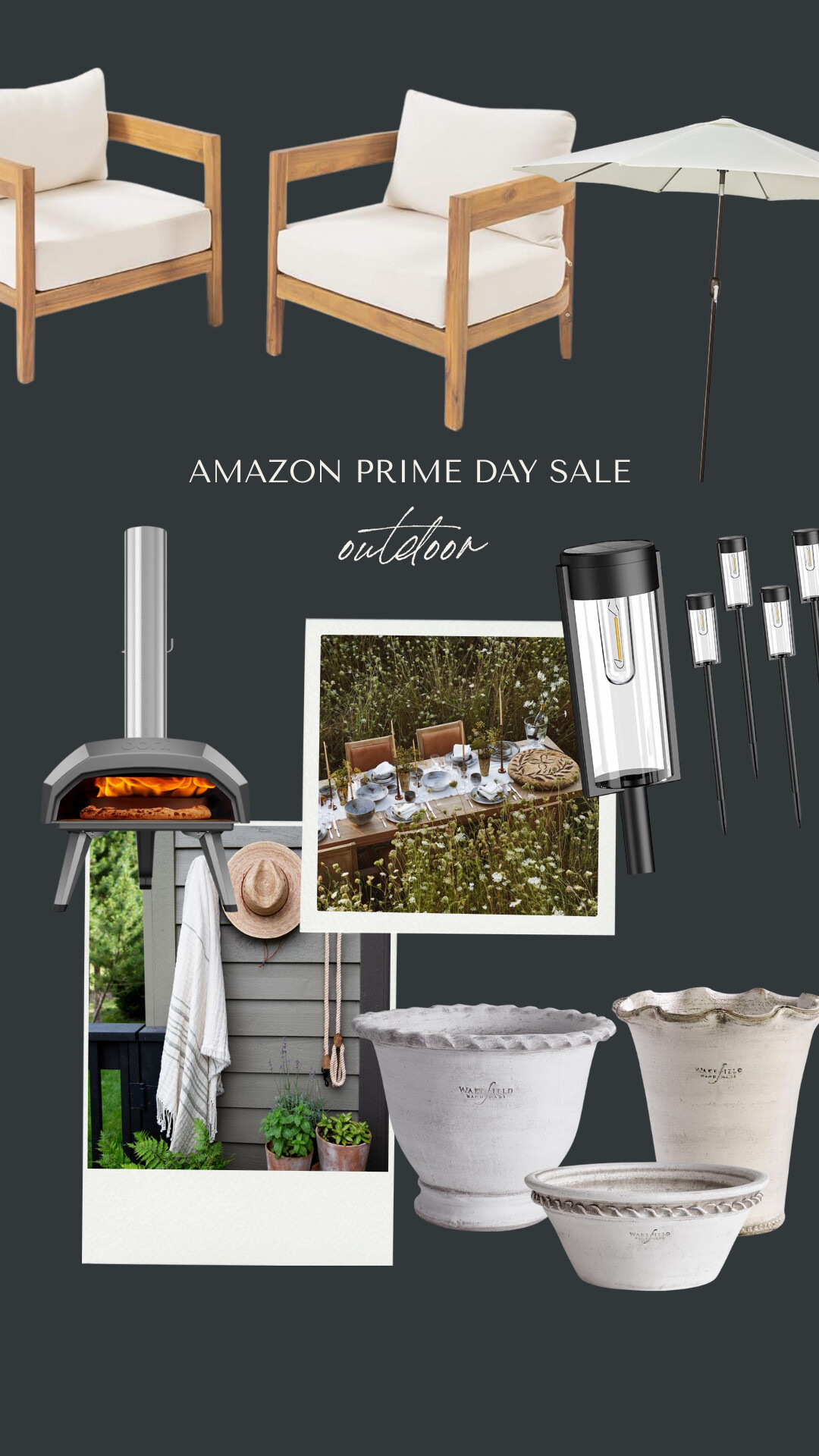 Amazon Prime Day outdoor living roundup featuring a pair of teak and white cushioned armchairs, a neutral patio umbrella, a stainless steel outdoor pizza oven, black solar-powered pathway lights, white scalloped edge outdoor planters, and aesthetic backyard inspiration images including a set table among wildflowers and a cozy patio vignette with herbs, a straw hat, and linen textiles.