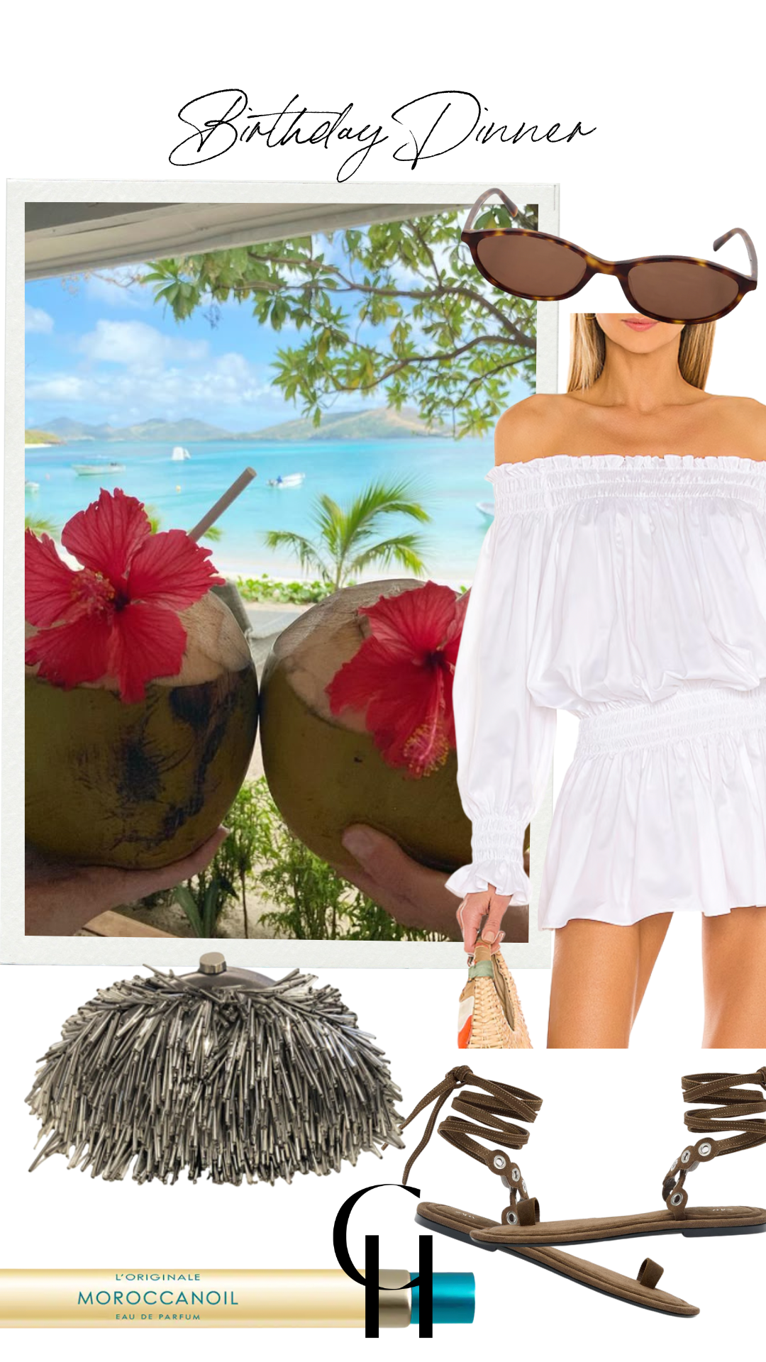 One white off-the-shoulder smocked set styled with gladiator sandals and a grass fringe clutch. Surrounded by vacation imagery including tropical fruit, beach snapshots, and playful summer scenes.