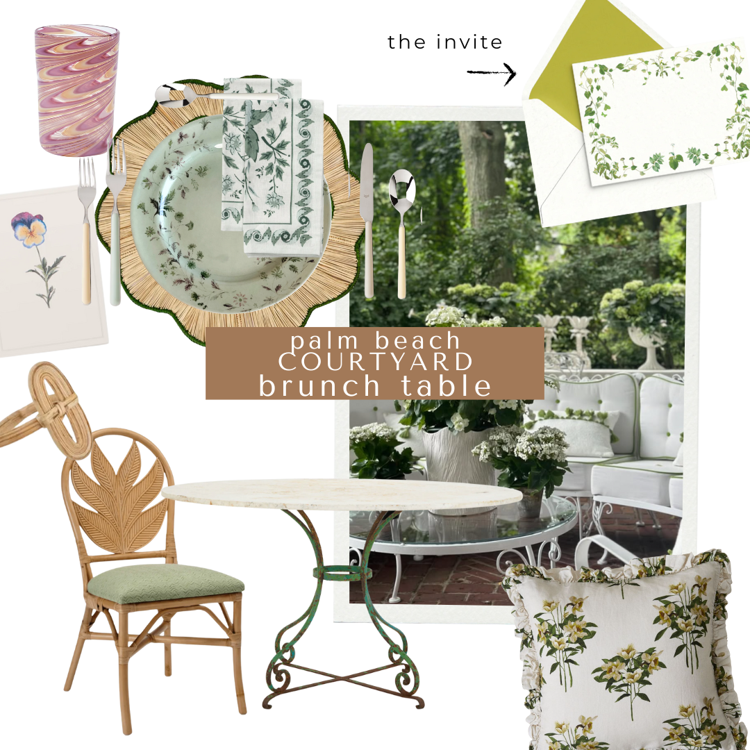 An outdoor brunch setup with green-and-white floral dishware, faux bamboo flatware, blush marbled glasses, and block-print napkins. A vintage-style iron table anchors the look alongside a green palm-back chair and an invitation card with a green-lined envelope.