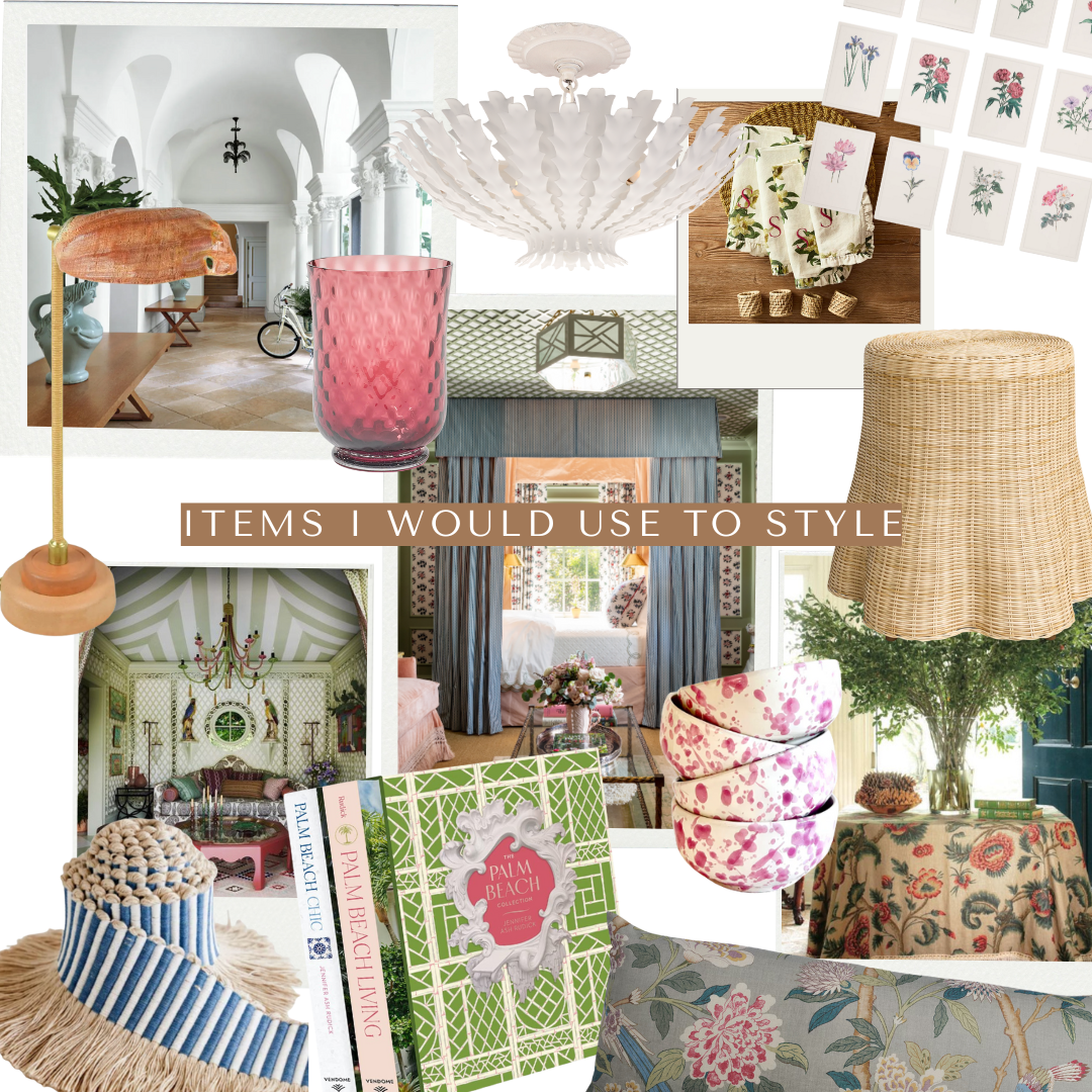 A styling board filled with layered accessories like scalloped lampshades, pink glass tumblers, botanical napkins, coastal-style books, woven lamps, and floral textiles. Featured decor includes green-and-pink vintage interiors, wicker accents, and whimsical tabletop pieces for indoor-outdoor living.