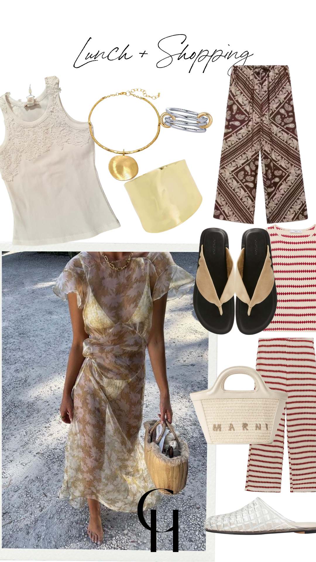 Two casual vacation outfits featuring printed pants, striped and embroidered tops, flat sandals, statement bangles, and textured bags. Includes tropical snapshots and beauty product picks like rollerball perfume.