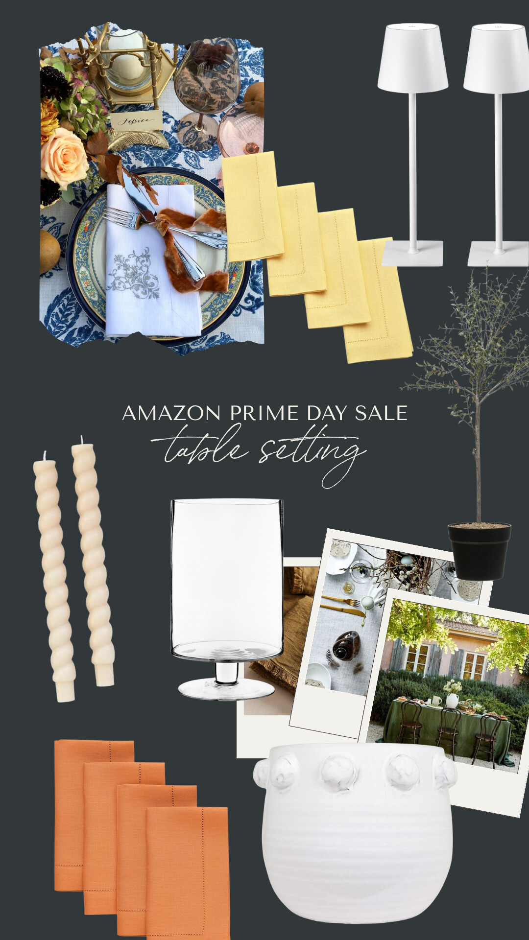 Amazon Prime Day table setting collection featuring a blue and white floral tablecloth with layered place settings and velvet napkin ties, pale yellow linen napkins, a pair of modern white battery-operated lamps, white twisted taper candles, a clear glass pedestal trifle dish, burnt orange linen napkins, a white ceramic pot with sculptural ball details, and two images of outdoor dining tables set with summer linens and rustic touches.