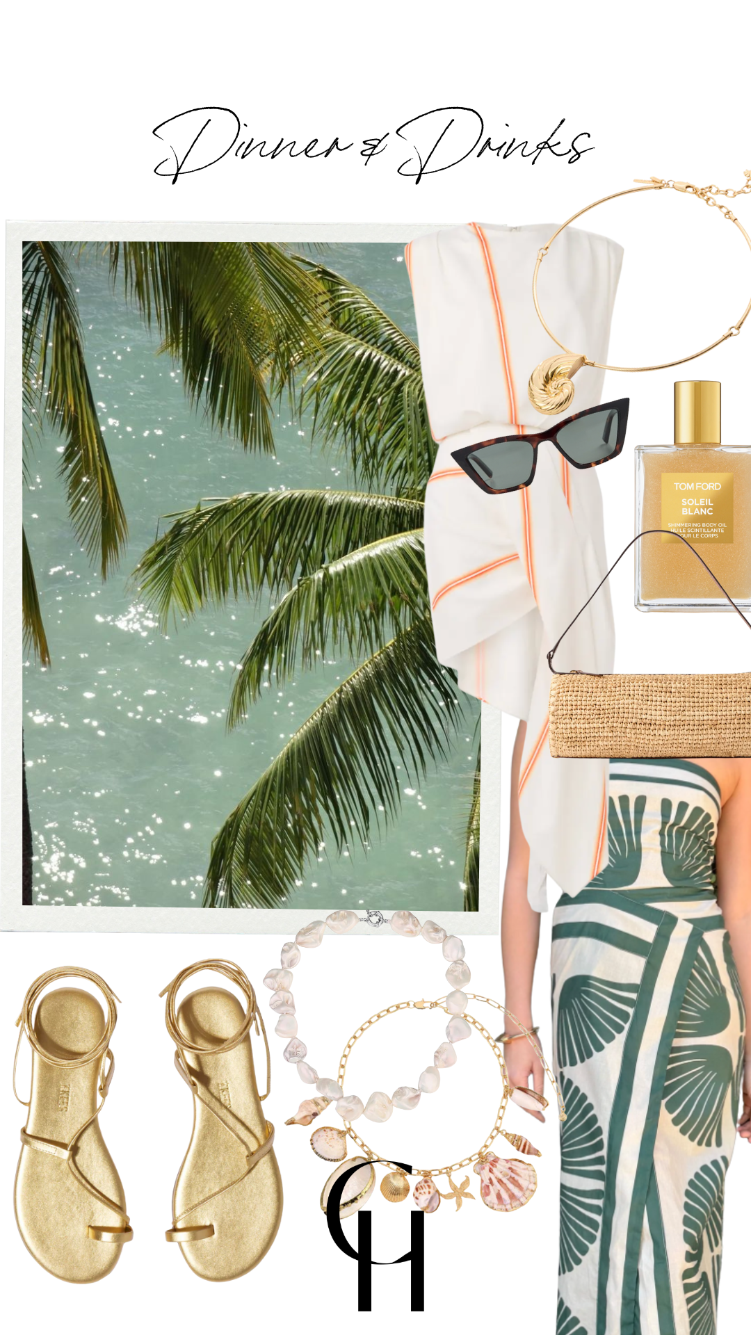 Tropical dinner outfit flatlay featuring a shell-printed green and white strapless dress, gold sandals, statement sunglasses, shell jewelry, a raffia clutch, white pareo with orange trim, and Tom Ford Soleil Blanc body oil against a palm tree and ocean backdrop