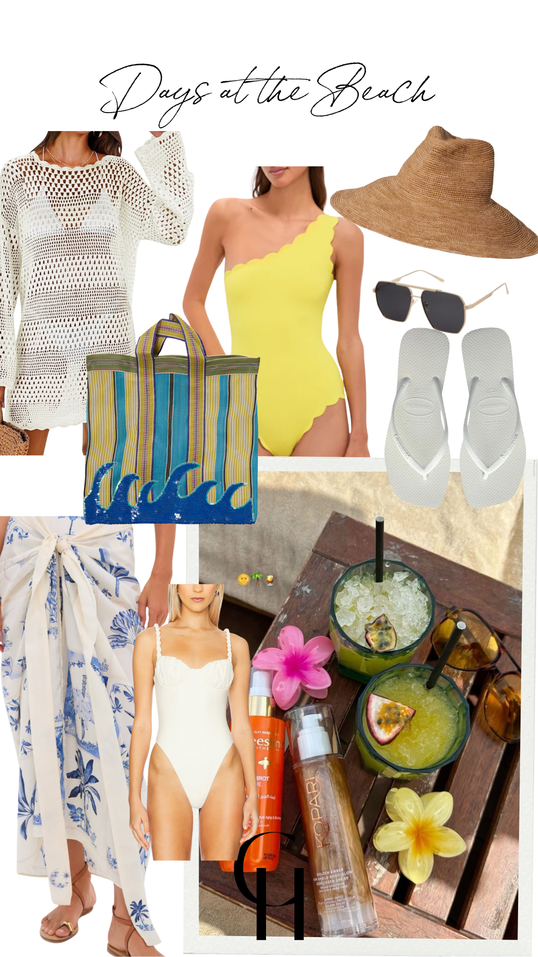 Beach day essentials collage with white crochet cover-up, yellow and ivory swimsuits, raffia sun hat, striped wave tote bag, white flip-flops, floral pareo, tanning oils, and tropical cocktails.