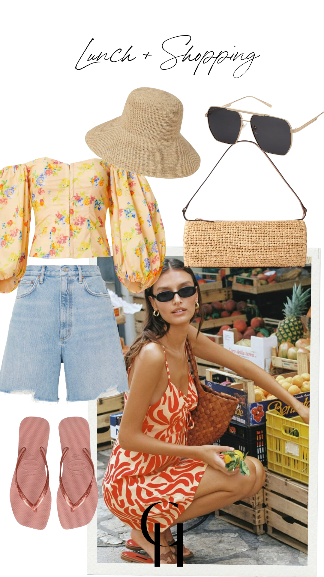 Casual vacation look featuring a floral puff sleeve crop top, light denim shorts, straw hat, sunglasses, raffia clutch, rose gold flip-flops, and a street market photo of a woman in a bold red printed dress.