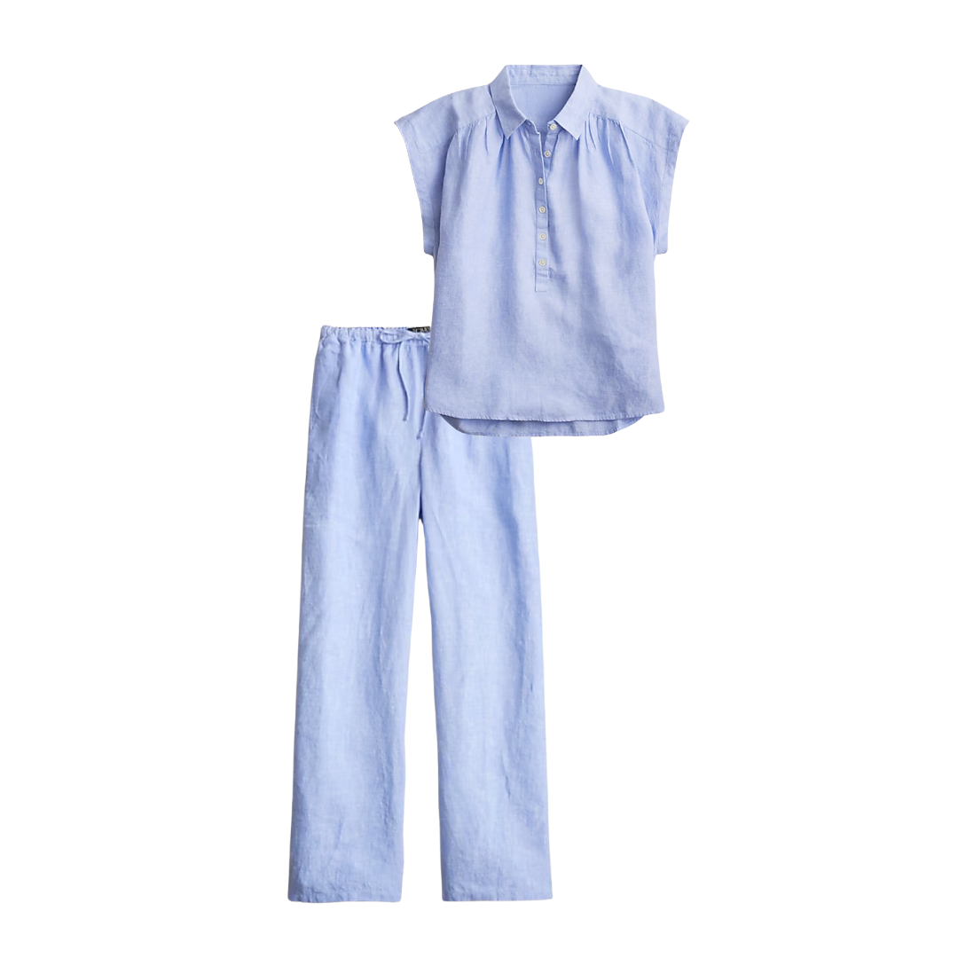 Light blue linen drawstring pants + matching top with a relaxed, straight-leg fit—perfect for warm weather and casual styling.
