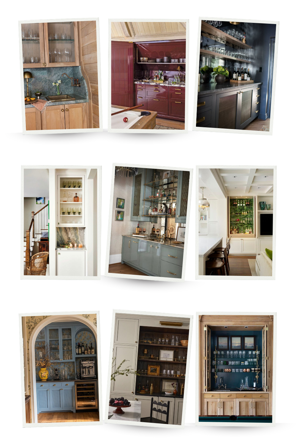 A collage of nine beautifully designed home wet bars and dry bars, showcasing a variety of styles and cabinetry. Designs include natural wood finishes, bold colors like burgundy and navy, open shelving with glassware, mirrored backsplashes, and integrated beverage fridges. Each space offers a unique combination of textures, lighting, and layout—from modern and moody to traditional and whimsical—perfect for home inspiration.