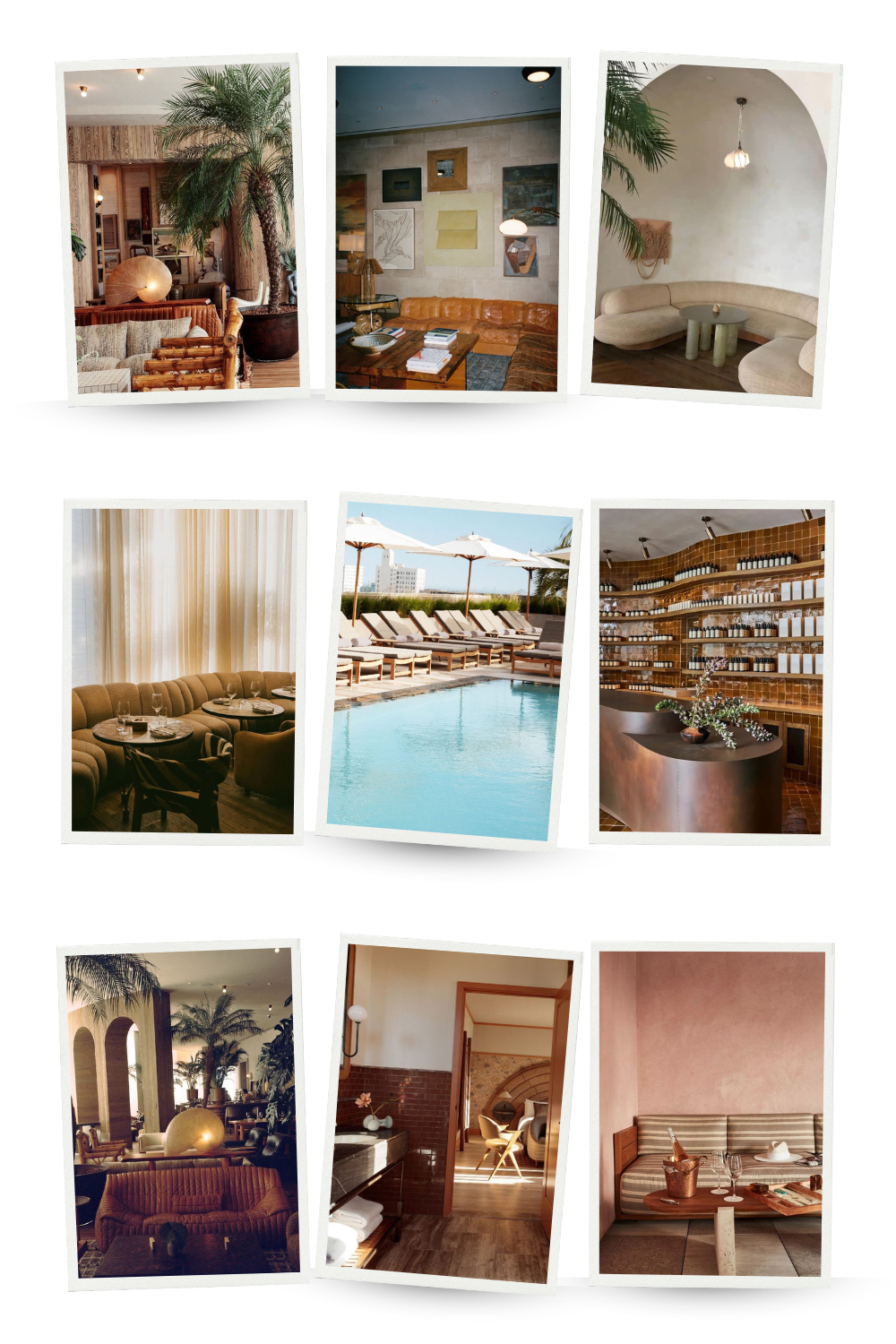 A collage of nine interior and exterior photos showcasing the Santa Monica Proper Hotel, designed by Kelly Wearstler. The images highlight earthy, modern decor with sculptural furniture, palm plants, warm lighting, cozy lounges, a rooftop pool with city views, a minimalist apothecary-style retail space, and a sunlit bedroom and bathroom. Each space reflects a laid-back, elevated California aesthetic.