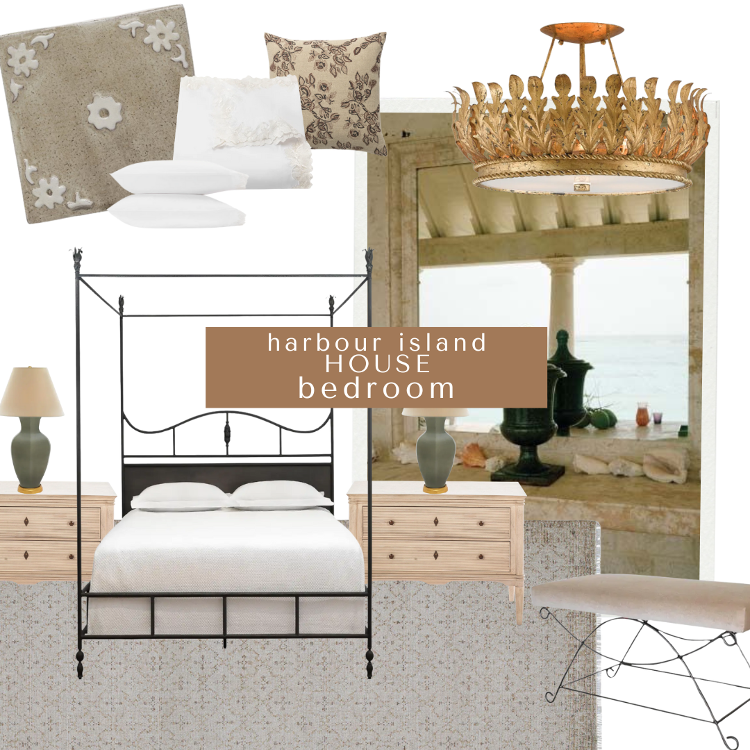 A cozy yet elevated bedroom mood board featuring a black canopy bed, neutral layered bedding, matching wood nightstands, green ceramic lamps, embroidered pillows, floral tiles, and a bold brass ceiling light.