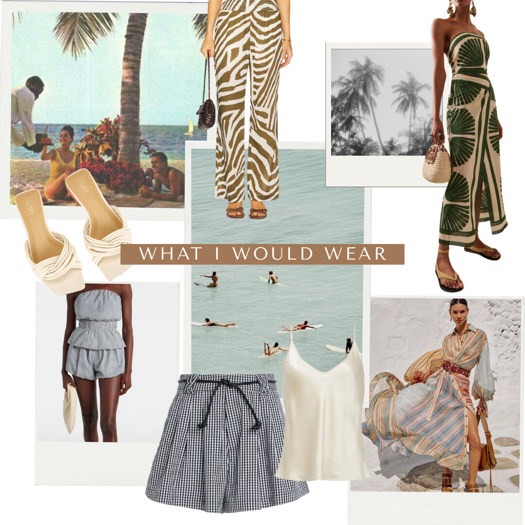 A curated vacation-style outfit board featuring breezy dresses with tropical prints, gingham sets, ivory heels, a silk camisole, and striped skirts, alongside nostalgic island photography and beachside snapshots.