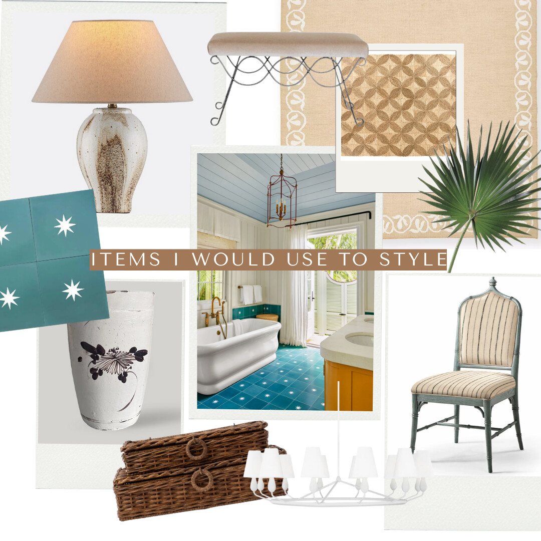 A styling-focused mood board with coastal and tropical textures—woven baskets, floral ceramics, turquoise star tiles, a driftwood lamp, striped chairs, patterned rugs, and a chic white chandelier—all grounded by an image of a sun-drenched bathroom with teal cabinetry.