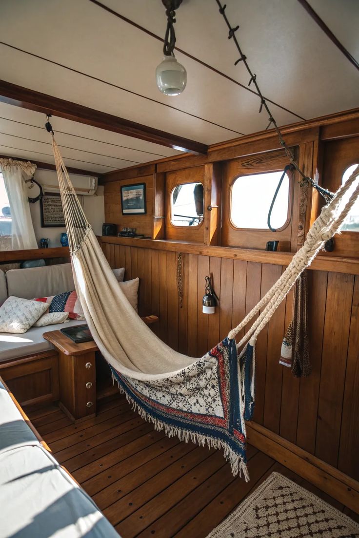 A cozy boat interior with warm wood-paneled walls and floors, featuring a cream-colored hammock draped with a patterned blanket in red, blue, and cream tones. The space includes a cushioned seating area with American flag-inspired pillows, nautical decor, small framed art, and porthole-style windows letting in natural light. A rope light hangs across the ceiling, adding to the relaxed, vintage maritime vibe.