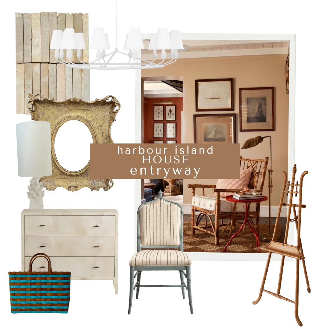 A warm, collected entryway mood board with vintage nautical artwork, a bone inlay chest, ornate gold mirror, striped accent chair, bamboo coat stand, coral-toned walls, and a coastal striped market tote for a lived-in island feel.