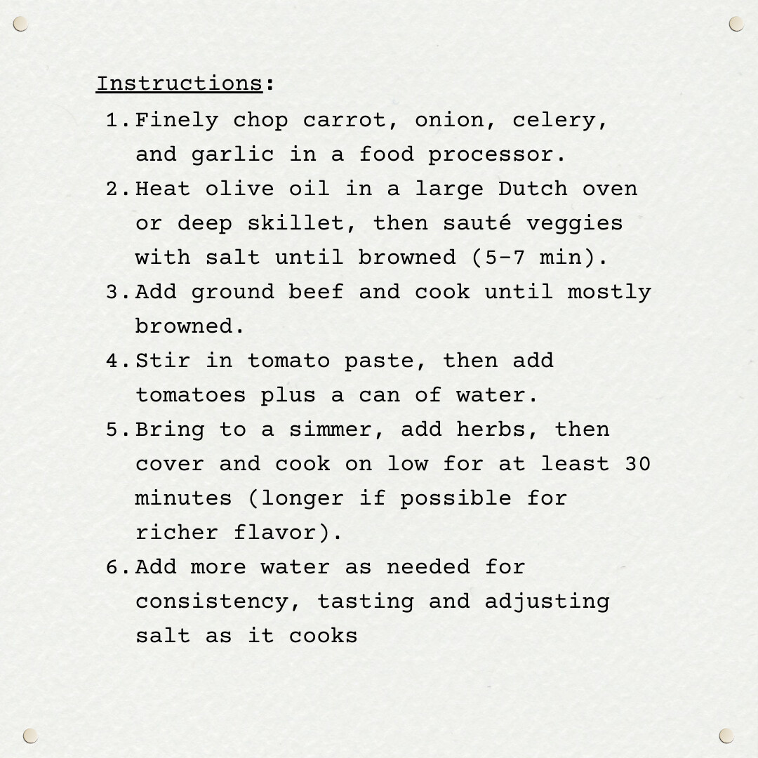 A graphic titled Instructions with numbered steps for making Weeknight Ragu. The directions outline chopping vegetables in a food processor, sautéing in olive oil, browning ground beef, stirring in tomato paste and tomatoes, simmering with herbs for at least 30 minutes, and adjusting with water and salt as needed.
