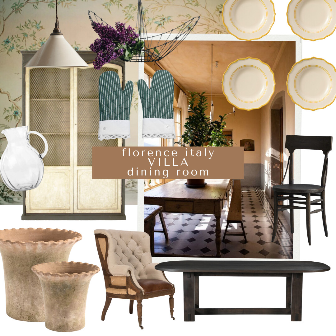 Dining Room Board: European dining scheme with cream pendant, mesh-front cabinet, scalloped planters, tufted armchair, dark wood bench, bistro chair, cream plates, glass pitcher.