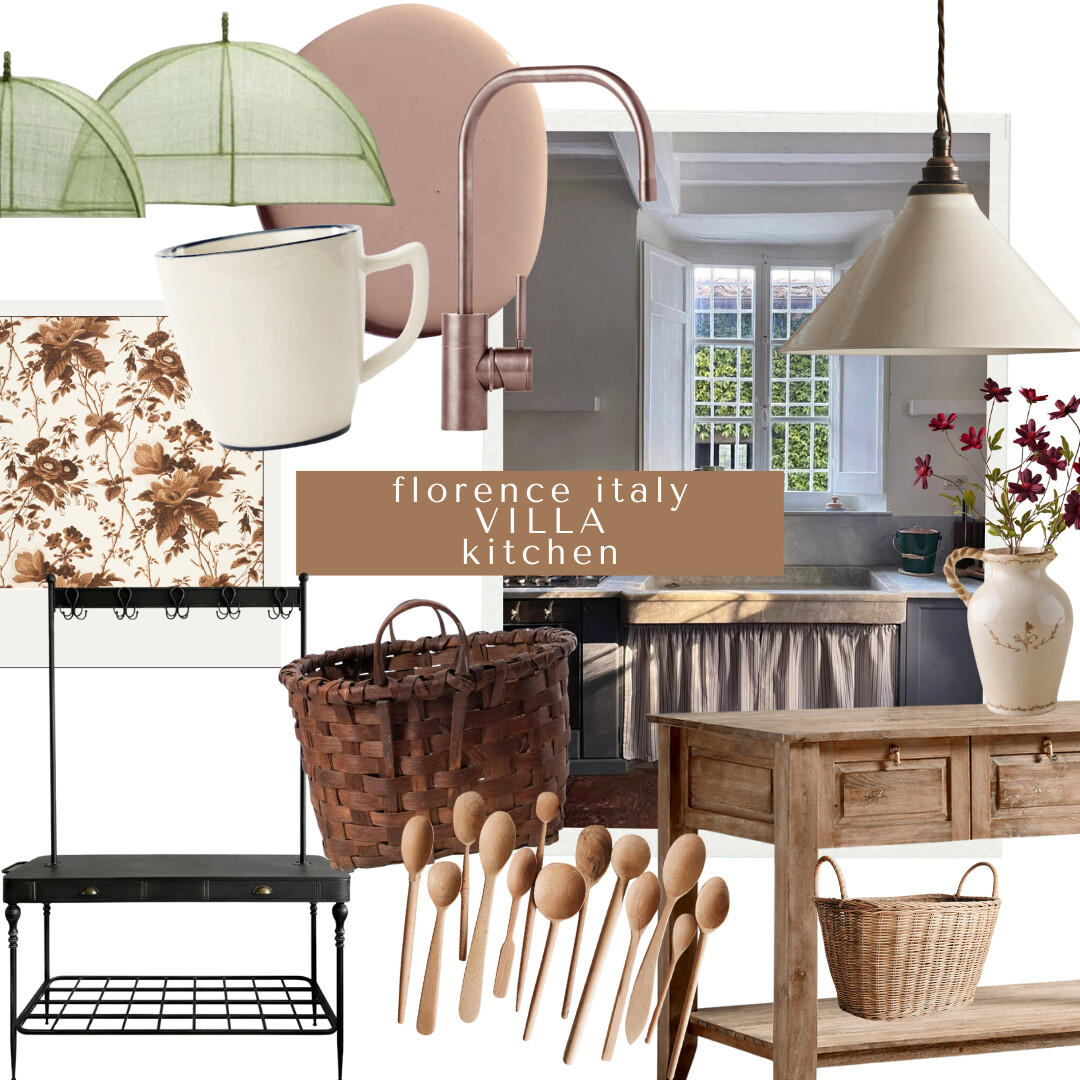 Kitchen Board: Collected kitchen look featuring green food domes, clay wall sconce, enamel mug, floral fabric panel, black pot rack, woven baskets, wood spoons, rustic island.
