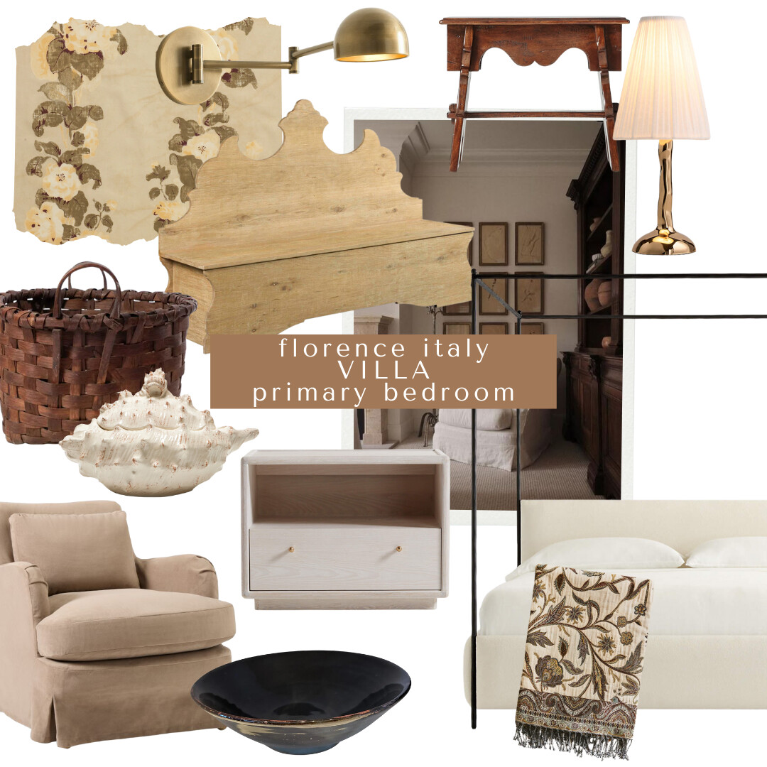 Primary Bedroom Board: Cozy bedroom mix with carved wood headboard, brass sconce, pleated lamp, slipcovered chair, woven basket, black ceramic bowl, light wood nightstand, cream bed.