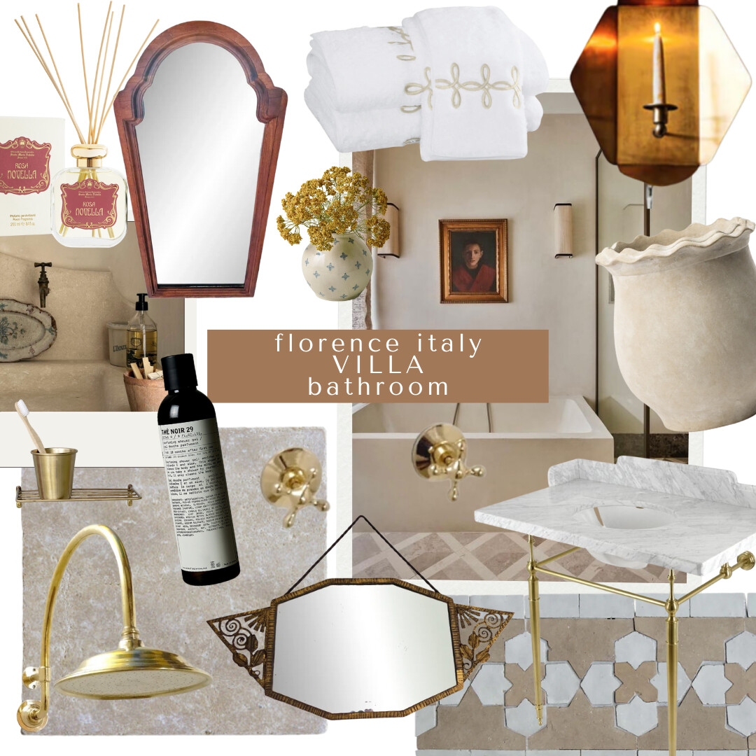 Bathroom Board: Old-world bath collage with marble console sink, brass fixtures, hex mirror, embroidered white towels, stone vessel, vintage perfume, limestone tile, rain shower head.