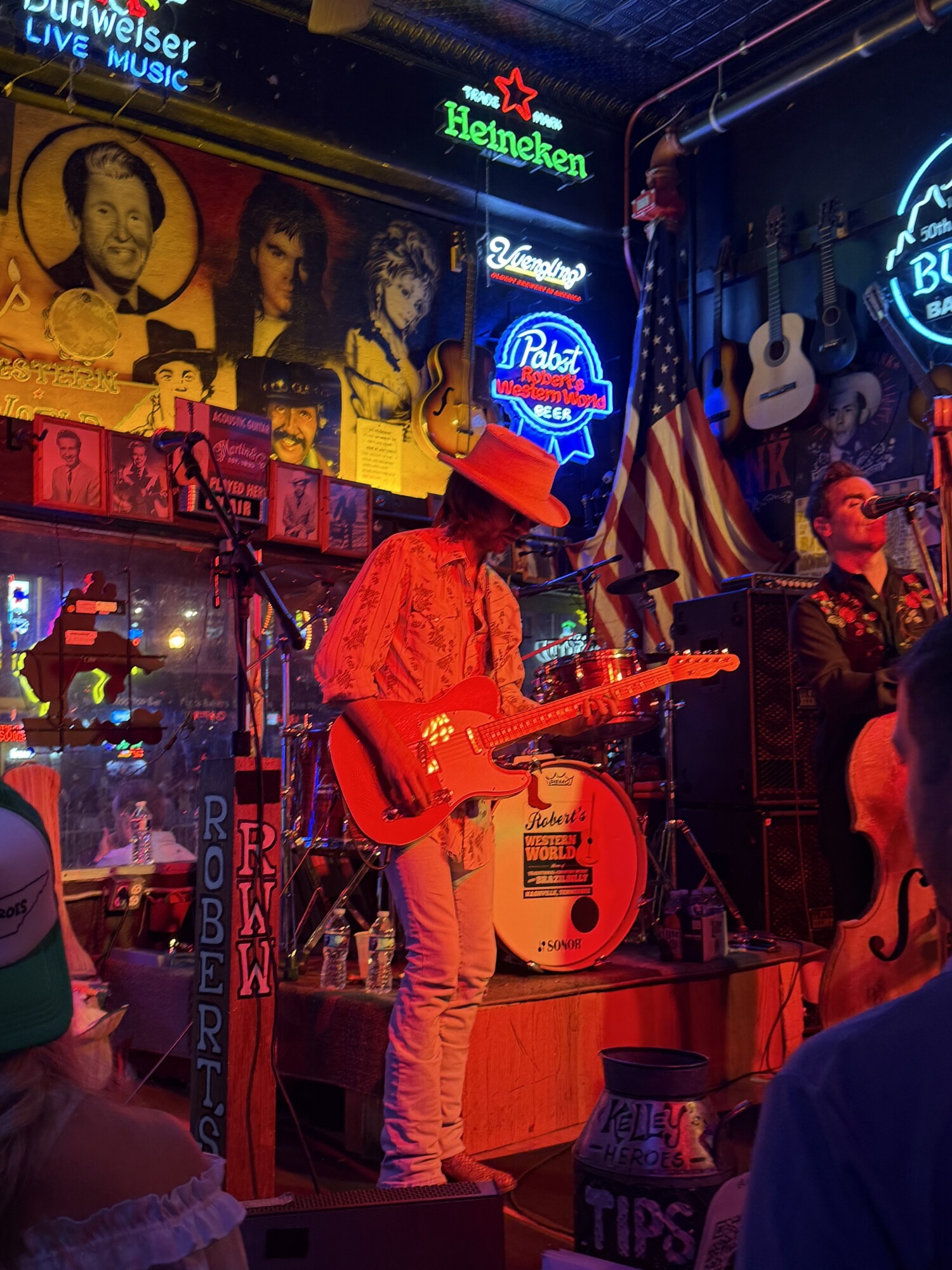 Live band at Robert’s Western World on Broadway, neon bar signs glowing.