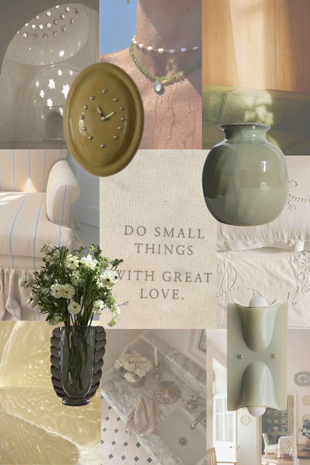 A soft, dreamy collage in shades of chartreuse, cream, and muted green. The board features a round wall clock, a ceramic vase, embroidered bedding, a striped slipcovered chair, fresh white flowers, a glass vase, and a sculptural wall sconce. Other images include sunlight streaming across tile, a marble sink vignette, a necklace detail, and the phrase “Do small things with great love,” creating an airy, romantic mood.