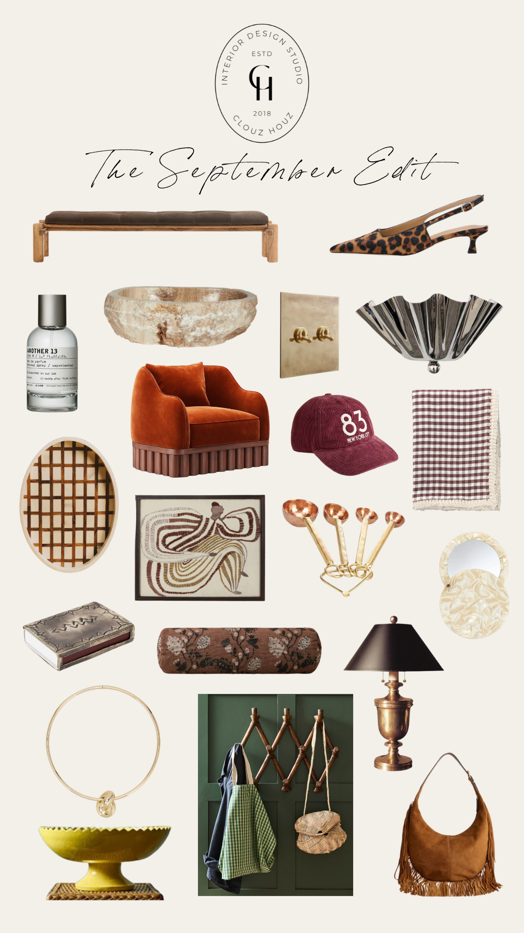 A styled collage titled “The September Edit” featuring a mix of fall-inspired fashion and home pieces, including leopard slingback heels, a vintage brass matchbox, an oval lattice tray, a rattan wall rack with bags, a pearlized pocket mirror, a yellow scalloped pedestal bowl, a rust velvet armchair, and a stone onyx bowl. The layout also includes lifestyle images like a dandelion photograph, an outdoor scene with a patterned rug, and a gold knot necklace detail, all layered with a cozy, collected mood.