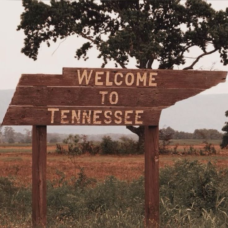 A rustic wooden sign in the shape of Tennessee with the words “Welcome to Tennessee” painted in white, set against a backdrop of open fields, trees, and distant mountains.