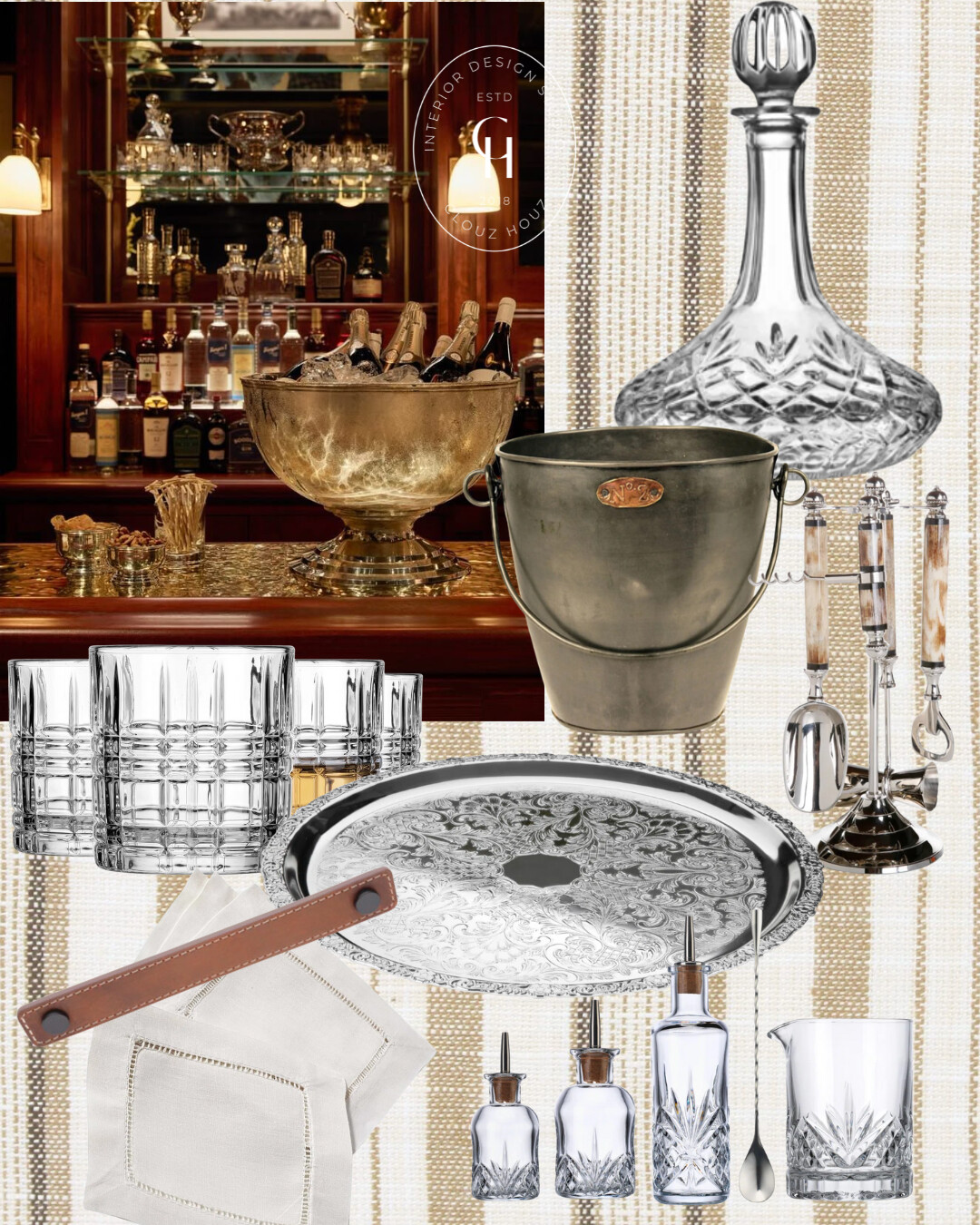 Vintage library bar moodboard with cut-crystal decanter and tumblers, pewter ice bucket, horn-handled bar tools, etched silver serving tray, hemstitched linen cocktail napkins, leather pull, and crystal mixing set layered over a classic wood-paneled back bar.