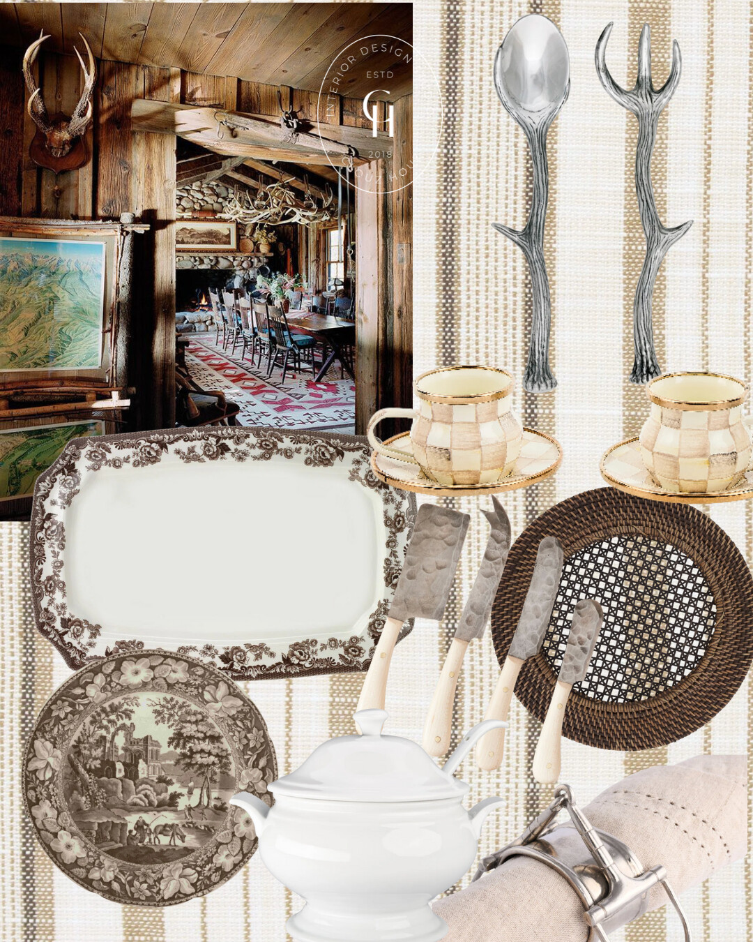 Cabin dining moodboard featuring brown transferware platter and plate, twig salad servers, cream and gold check cups, dark rattan cane chargers, hammered cheese knives, white soup tureen, and linen napkin with silver snaffle-bit ring against warm wood textures.