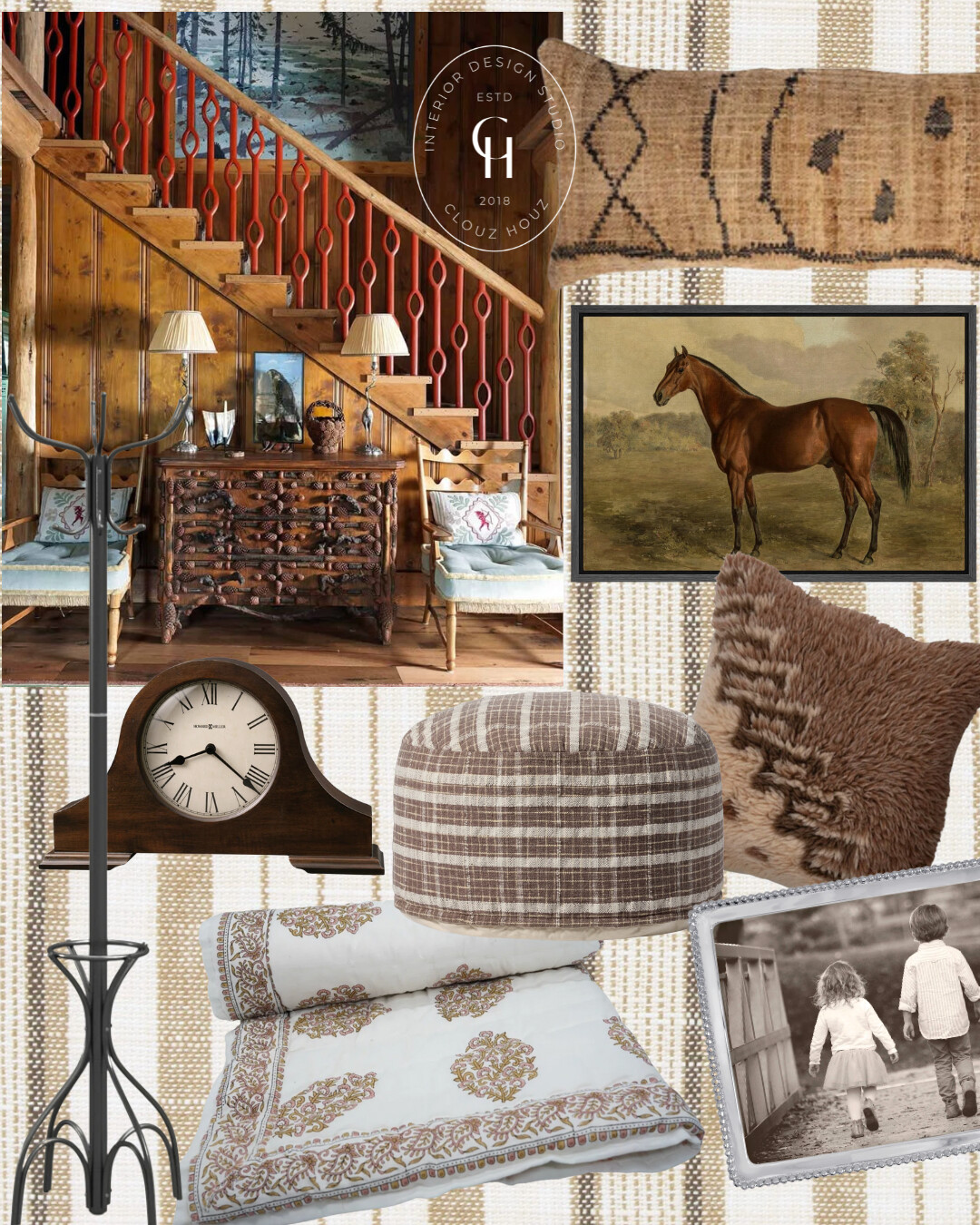 Entry/living moodboard with iron coat stand, mantel clock, framed vintage horse art, Kuba-cloth lumbar pillow, plaid pouf, faux-fur pillow, block-print quilt, and silver beaded photo frame styled with rustic stairs and lodge details.