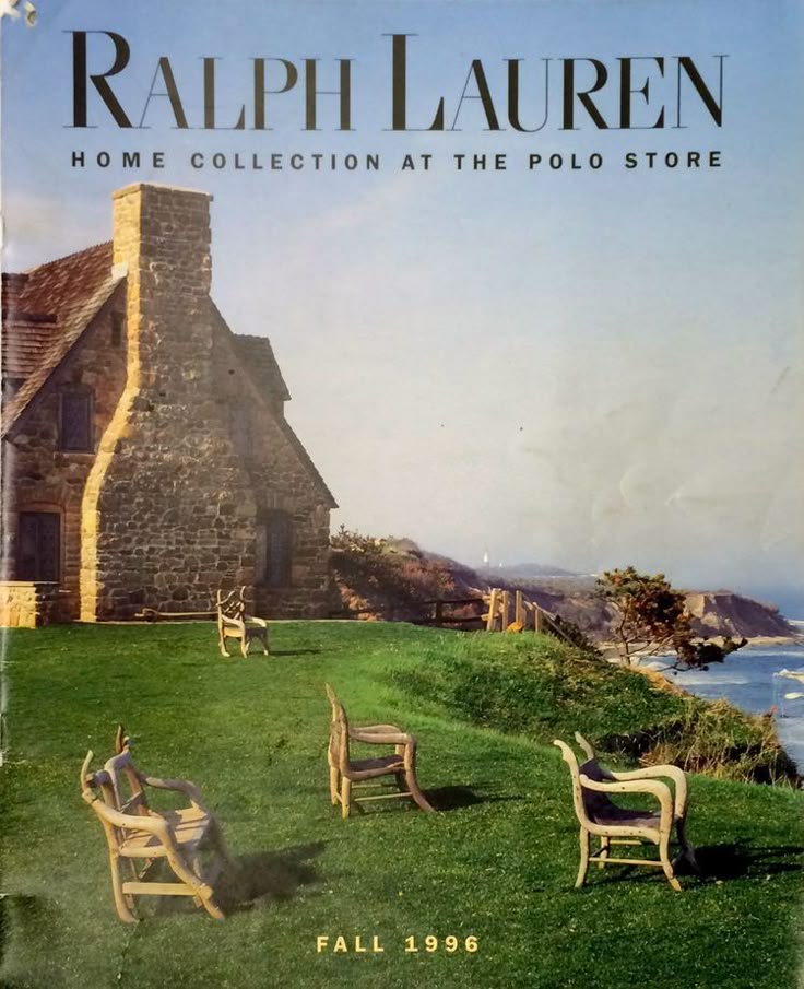 Vintage Ralph Lauren Home Collection catalog cover, Fall 1996—stone cottage on a grassy cliff with rustic twig chairs overlooking the ocean under a clear blue sky.