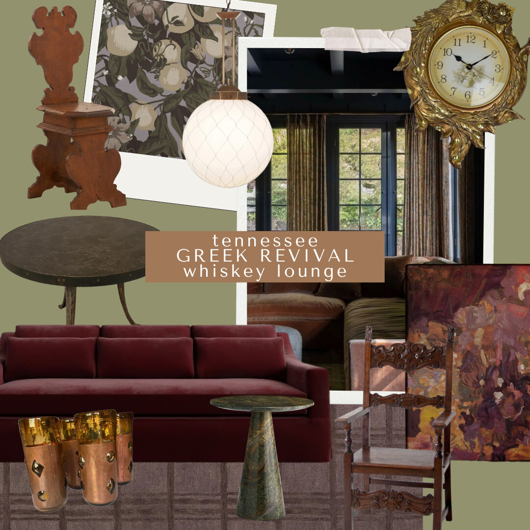 A rich, moody Tennessee Greek Revival whiskey lounge concept featuring a deep burgundy velvet sofa, dark wood antique chair, marble side table, round metal coffee table, and vintage brass clock. The palette mixes warm browns, plum reds, and soft golds with layered art and moody drapery for an elevated, old-world feel.