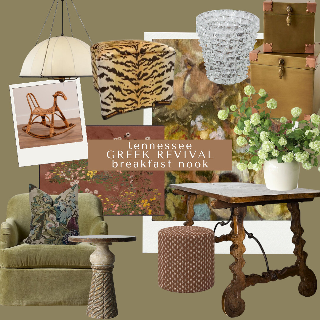 A cozy Tennessee Greek Revival breakfast nook design with an olive green swivel chair, tiger-print ottoman, carved wood dining table, floral artwork, and vintage brass storage boxes. Soft greens, honey browns, and golden hues create a collected, charming space with layered florals and pattern.