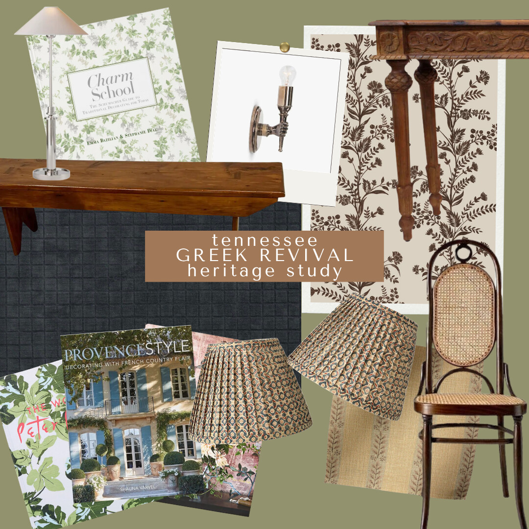 A warm, layered study design inspired by Greek Revival architecture, featuring vintage books, floral lampshades, botanical wallpaper, and a carved wood console table. The palette combines earthy browns, soft greens, and ivory tones with a touch of old-world craftsmanship and lived-in charm.